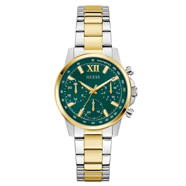 Γυναικείο ρολόι Guess Bailey GW0933L7 με δίχρωμο μπρασελέ από ανακυκλωμένο ανοξείδωτο ατσάλι σε ασημί και χρυσό χρώμα, πράσινο καντράν διαμέτρου 36mm και χρυσές λεπτομέρειες.