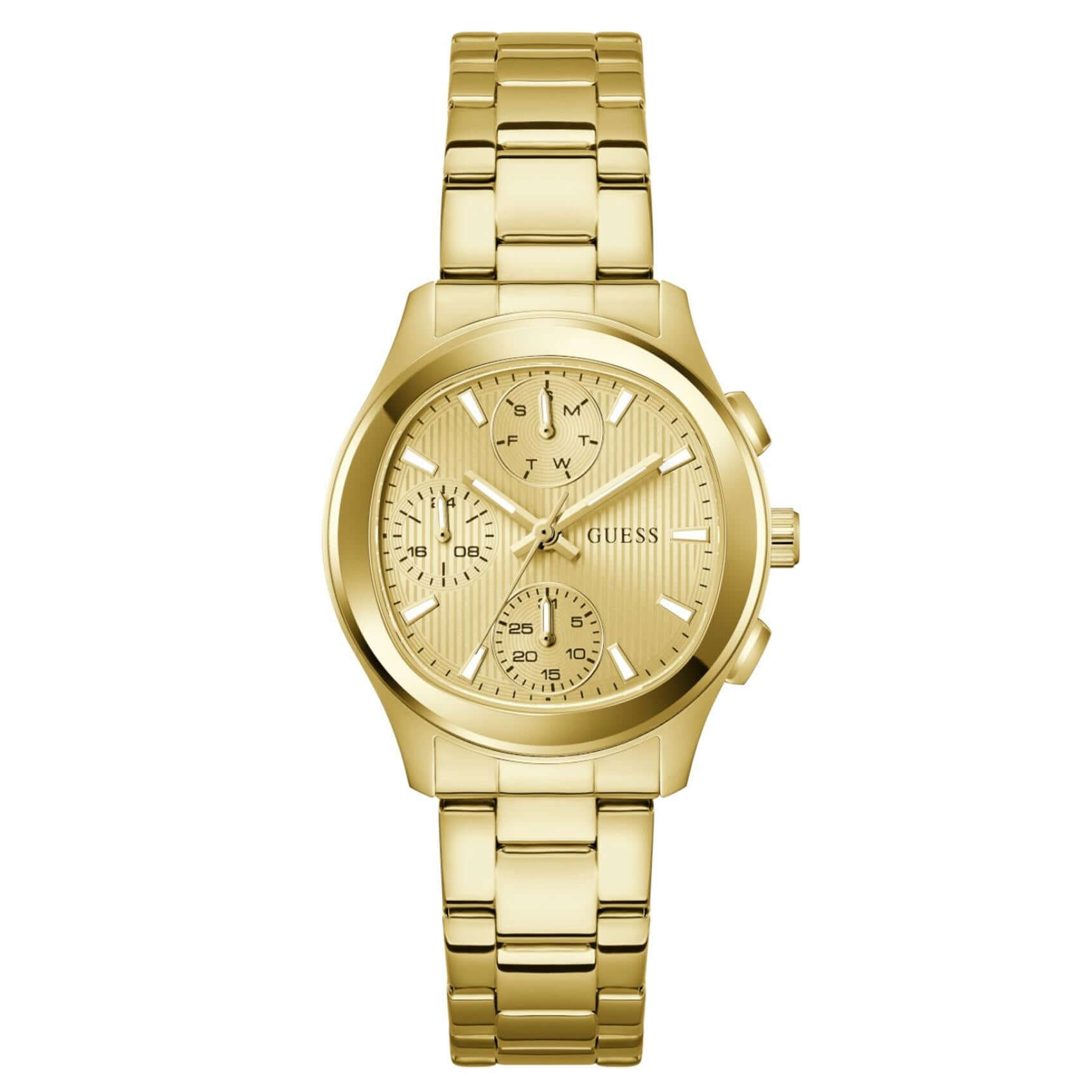 Γυναικείο ρολόι Guess Birdie GW1031L2 με χρυσό μπρασελέ από ανακυκλωμένο ανοξείδωτο ατσάλι, χρυσό καντράν διαμέτρου 36mm και χρυσές λεπτομέρειες.