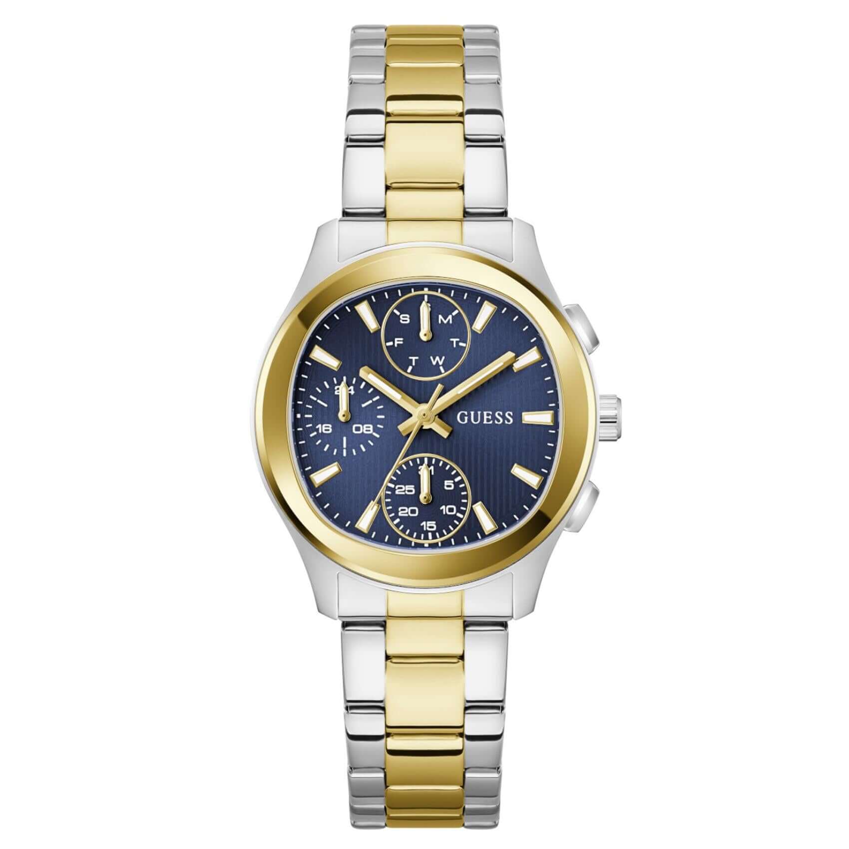 Γυναικείο ρολόι Guess Birdie GW1031L3 με δίχρωμο μπρασελέ από ανακυκλωμένο ανοξείδωτο ατσάλι σε ασημί και χρυσό χρώμα, μπλε καντράν διαμέτρου 36mm και χρυσές λεπτομέρειες.
