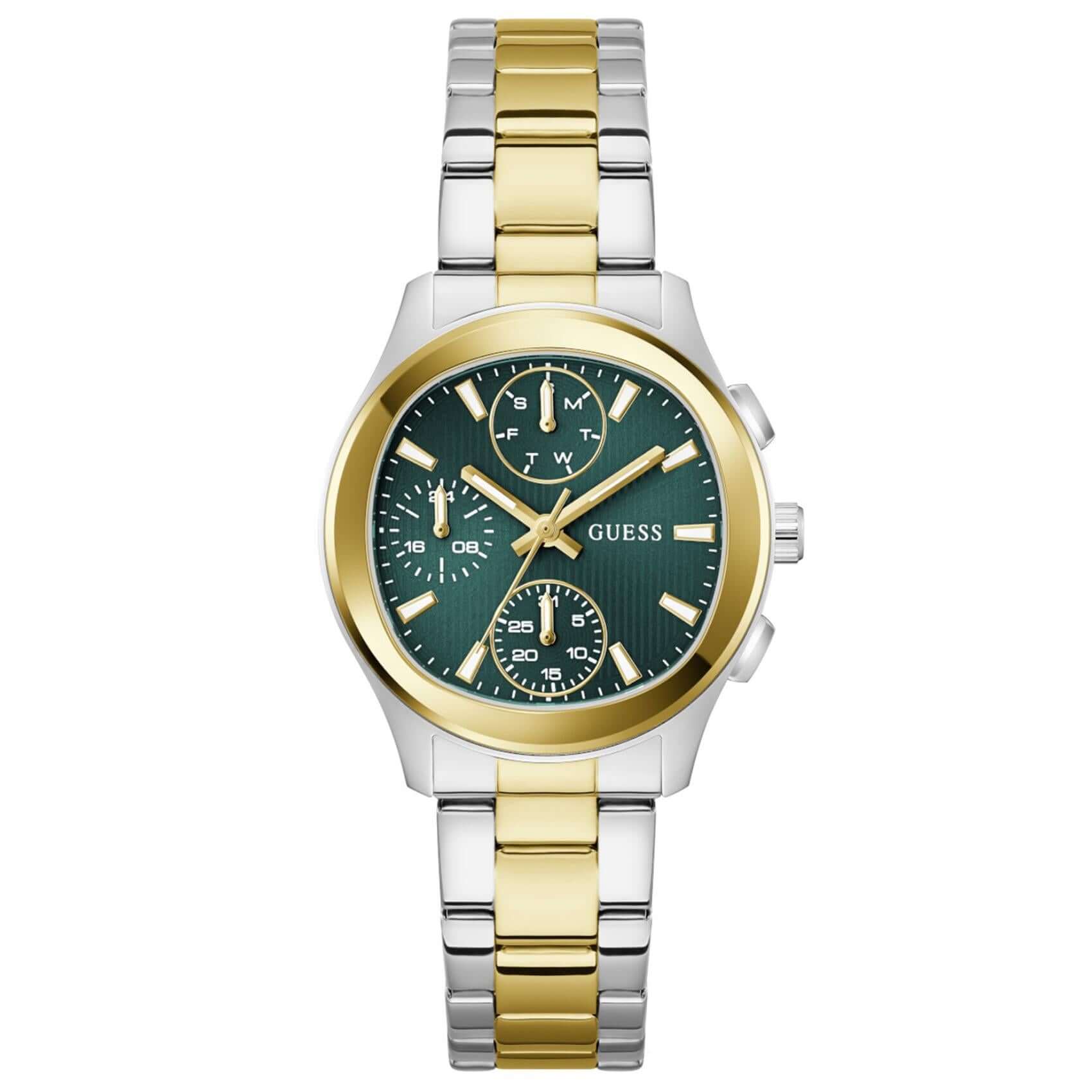 Γυναικείο ρολόι Guess Birdie GW1031L6 με δίχρωμο μπρασελέ από ανακυκλωμένο ανοξείδωτο ατσάλι σε ασημί και χρυσό χρώμα, πράσινο καντράν διαμέτρου 36mm και χρυσές λεπτομέρειες.