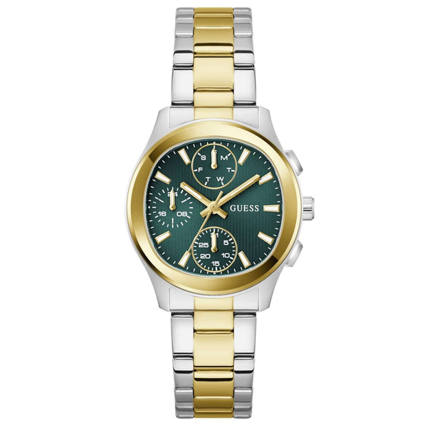 Γυναικείο ρολόι Guess Birdie GW1031L6 με δίχρωμο μπρασελέ από ανακυκλωμένο ανοξείδωτο ατσάλι σε ασημί και χρυσό χρώμα, πράσινο καντράν διαμέτρου 36mm και χρυσές λεπτομέρειες.