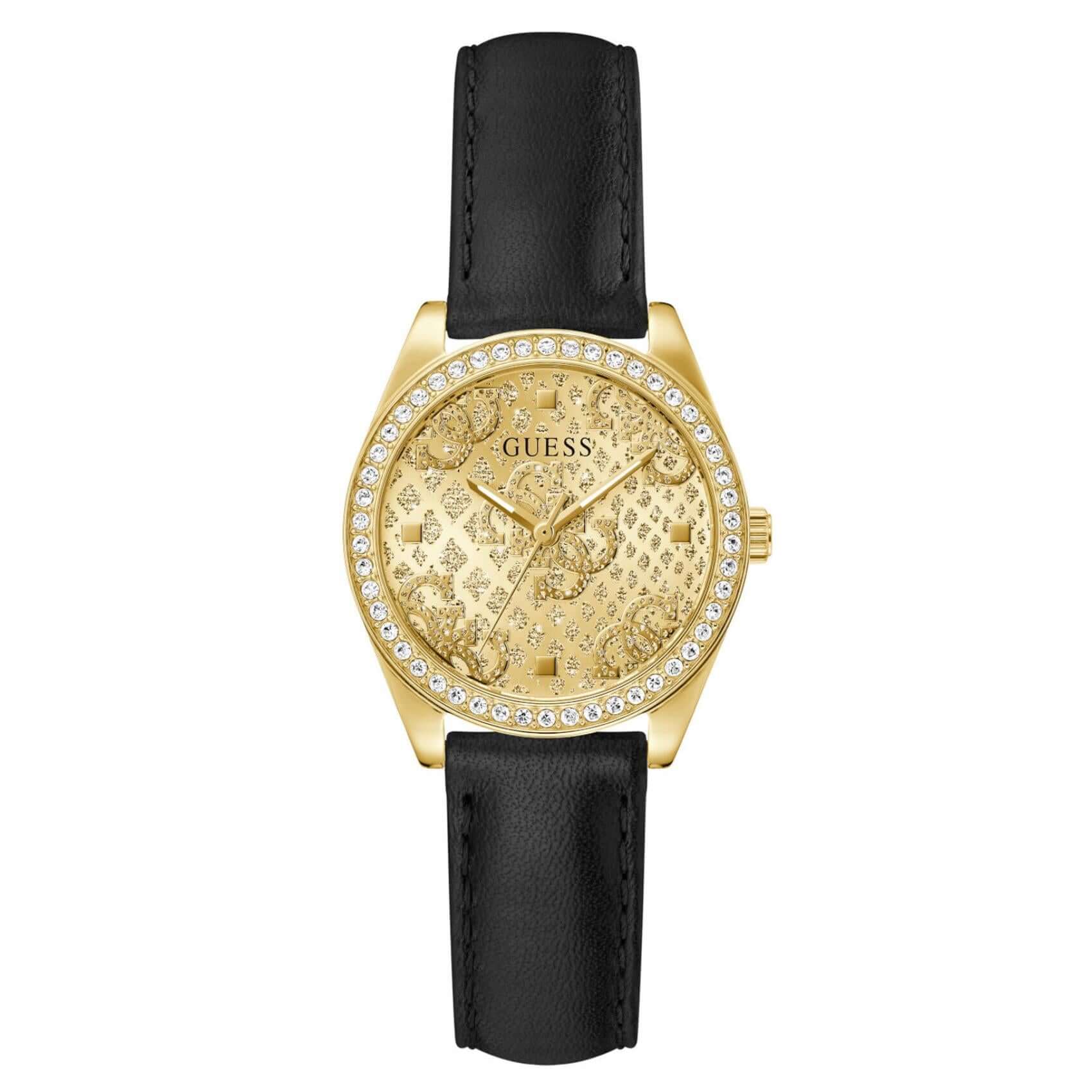 Γυναικείο ρολόι Guess Boa GW0989L2 με μαύρο δερμάτινο λουράκι, χρυσό καντράν διαμέτρου 32mm και λαμπερά ζιργκόν.