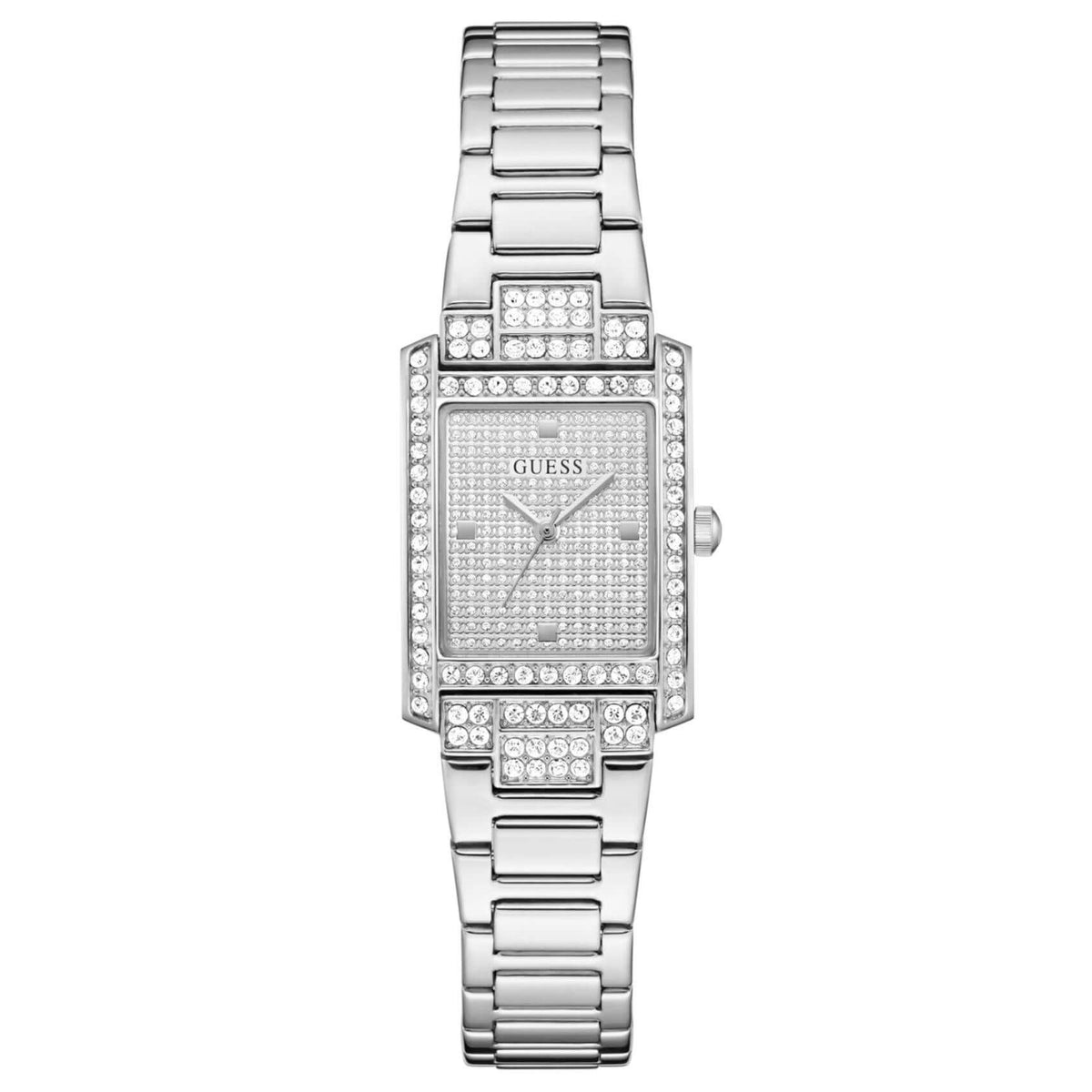 Γυναικείο ρολόι Guess Bonnet GW0995L1 με ασημί μπρασελέ από ανακυκλωμένο ανοξείδωτο ατσάλι, ασημί τετράγωνο καντράν μεγέθους 17x23mm και στεφάνη διακοσμημένη με ζιργκόν.