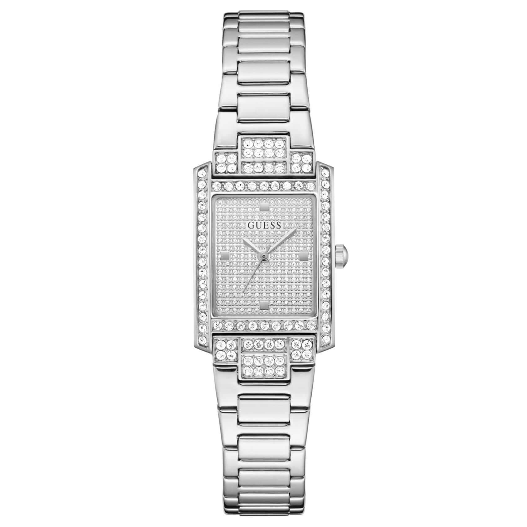 Γυναικείο ρολόι Guess Bonnet GW0995L1 με ασημί μπρασελέ από ανακυκλωμένο ανοξείδωτο ατσάλι, ασημί τετράγωνο καντράν μεγέθους 17x23mm και στεφάνη διακοσμημένη με ζιργκόν.