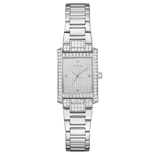 Γυναικείο ρολόι Guess Bonnet GW0995L1 με ασημί μπρασελέ από ανακυκλωμένο ανοξείδωτο ατσάλι, ασημί τετράγωνο καντράν μεγέθους 17x23mm και στεφάνη διακοσμημένη με ζιργκόν.