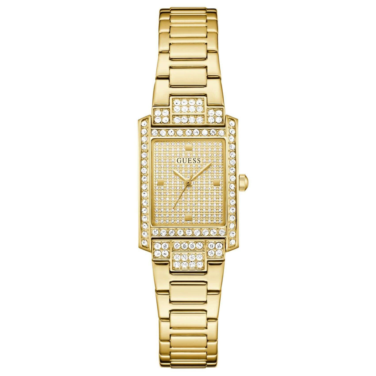 Γυναικείο ρολόι Guess Bonnet GW0995L2 με χρυσό μπρασελέ από ανακυκλωμένο ανοξείδωτο ατσάλι, χρυσό τετράγωνο καντράν μεγέθους 17x23mm και στεφάνη διακοσμημένη με ζιργκόν.