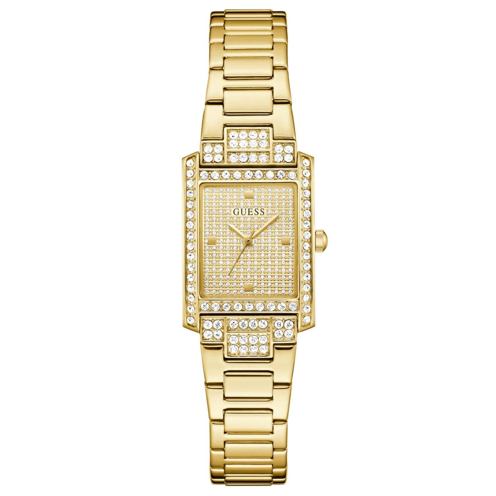 Γυναικείο ρολόι Guess Bonnet GW0995L2 με χρυσό μπρασελέ από ανακυκλωμένο ανοξείδωτο ατσάλι, χρυσό τετράγωνο καντράν μεγέθους 17x23mm και στεφάνη διακοσμημένη με ζιργκόν.