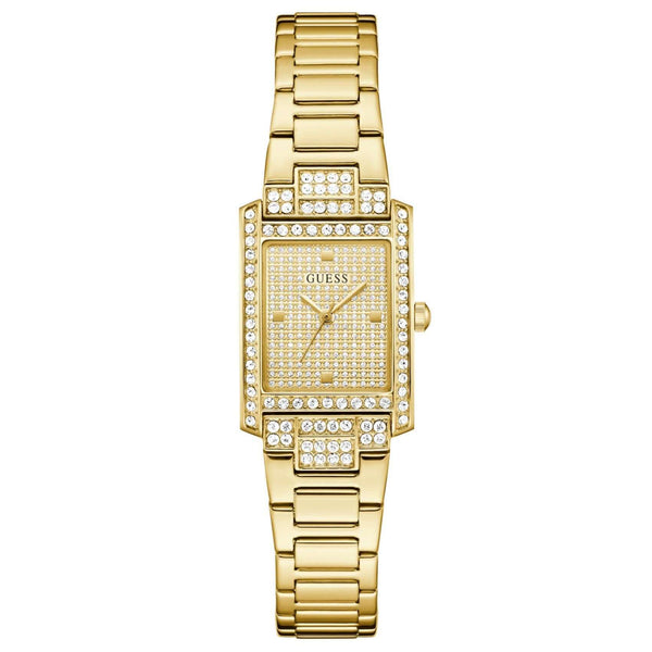 Γυναικείο ρολόι Guess Bonnet GW0995L2 με χρυσό μπρασελέ από ανακυκλωμένο ανοξείδωτο ατσάλι, χρυσό τετράγωνο καντράν μεγέθους 17x23mm και στεφάνη διακοσμημένη με ζιργκόν.