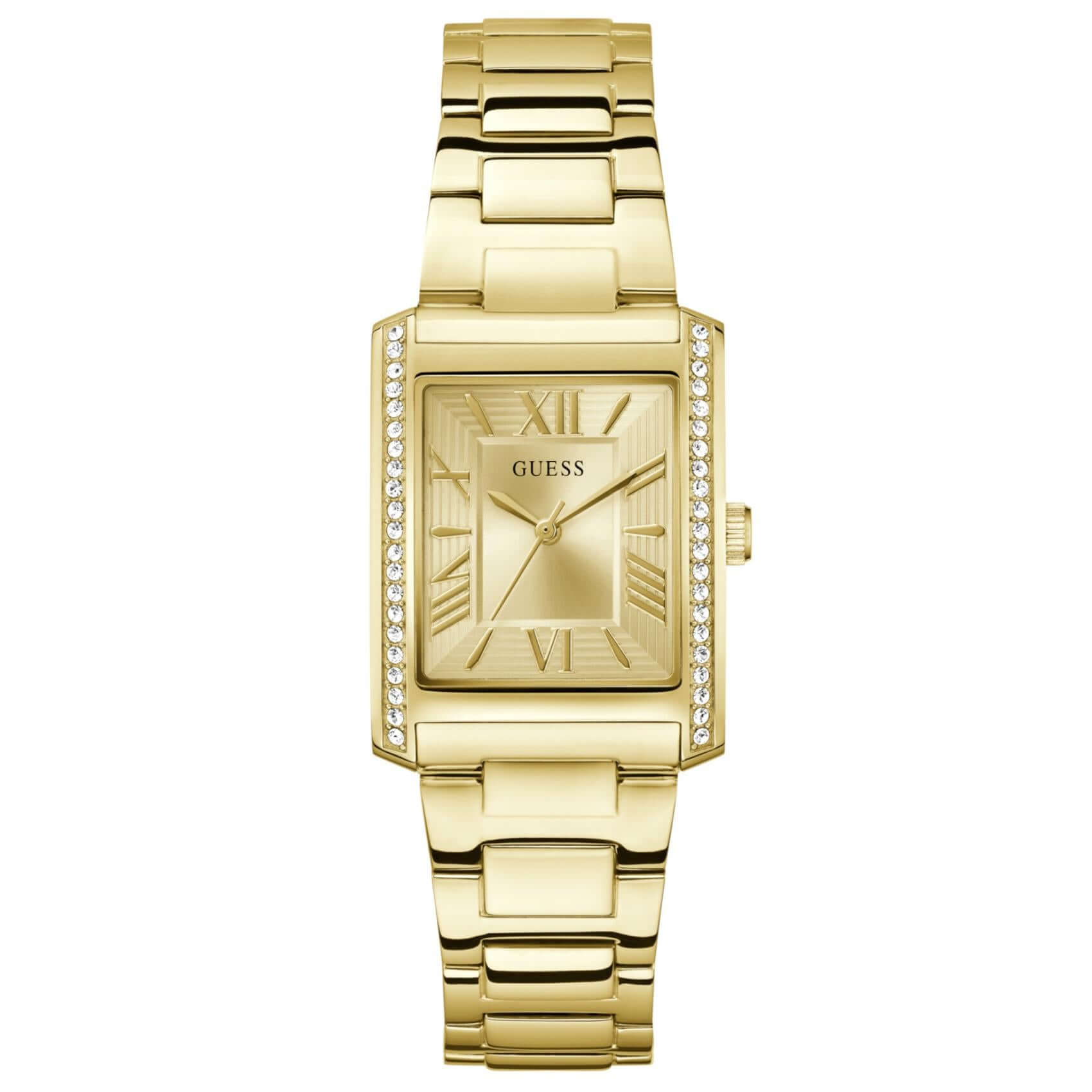 Γυναικείο ρολόι Guess Bonnie GW0874L4 με χρυσό μπρασελέ από ανακυκλωμένο ανοξείδωτο ατσάλι, χρυσό τετράγωνο καντράν 27mm και στεφάνη διακοσμημένη με ζιργκόν.