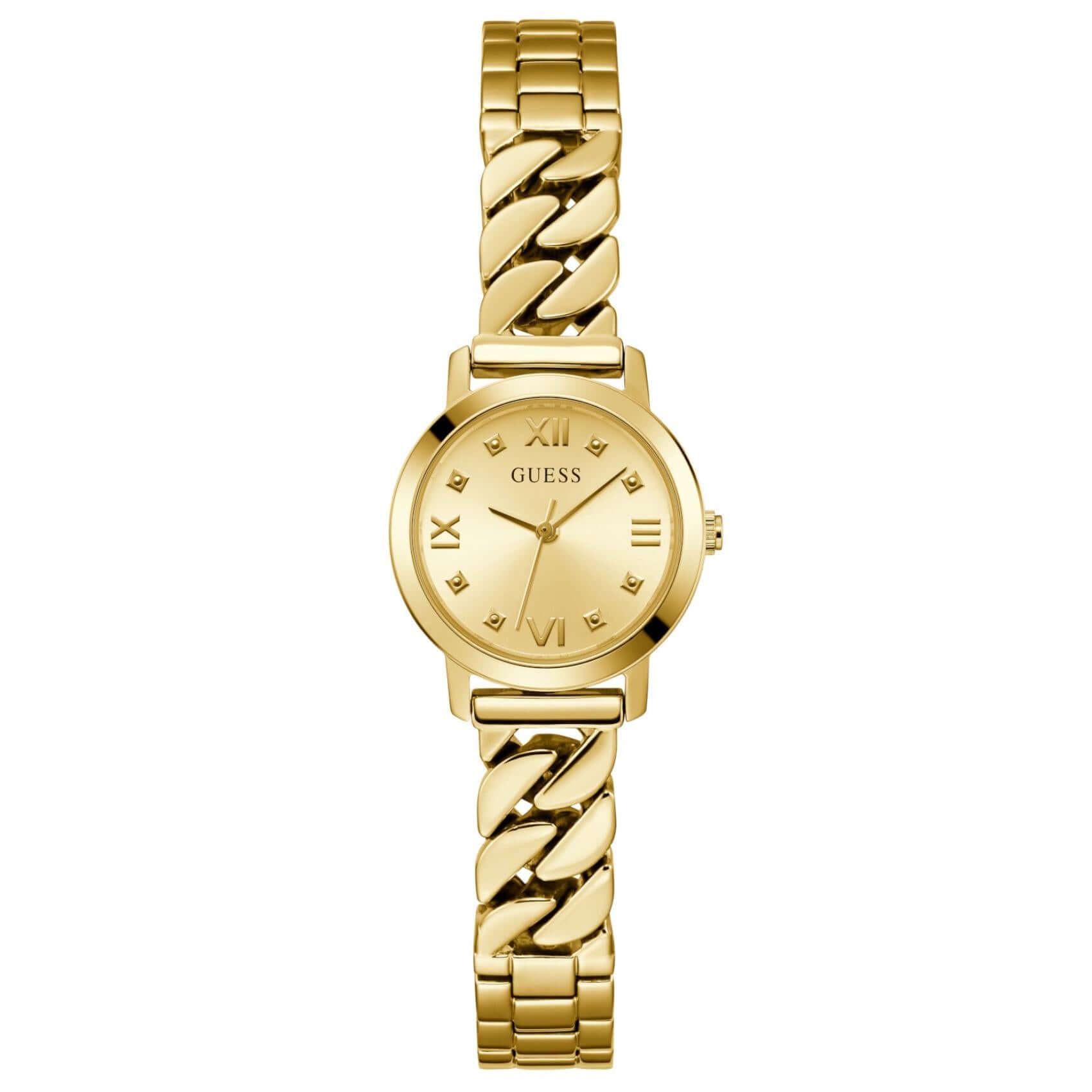 Γυναικείο ρολόι Guess Chime GW0867L2 με χρυσό μπρασελέ από ανακυκλωμένο ανοξείδωτο ατσάλι και χρυσό καντράν διαμέτρου 25mm.