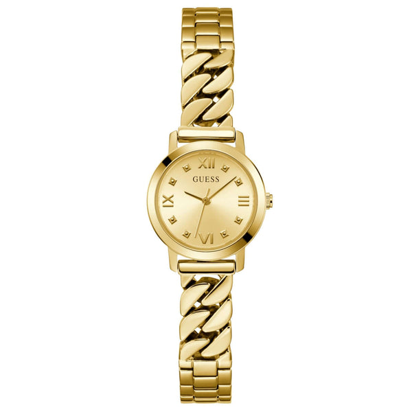 Γυναικείο ρολόι Guess Chime GW0867L2 με χρυσό μπρασελέ από ανακυκλωμένο ανοξείδωτο ατσάλι και χρυσό καντράν διαμέτρου 25mm.