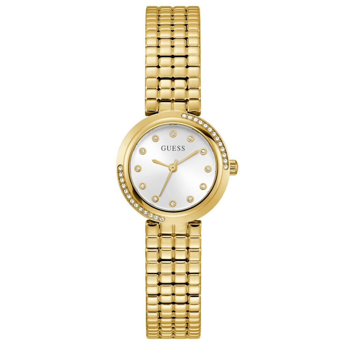 Γυναικείο ρολόι Guess Clara GW0930L2 με χρυσό μπρασελέ από ανακυκλωμένο ανοξείδωτο ατσάλι, λευκό καντράν διαμέτρου 28mm και στεφάνη διακοσμημένη με ζιργκόν.
