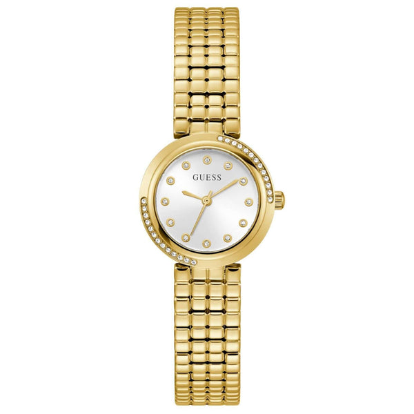 Γυναικείο ρολόι Guess Clara GW0930L2 με χρυσό μπρασελέ από ανακυκλωμένο ανοξείδωτο ατσάλι, λευκό καντράν διαμέτρου 28mm και στεφάνη διακοσμημένη με ζιργκόν.