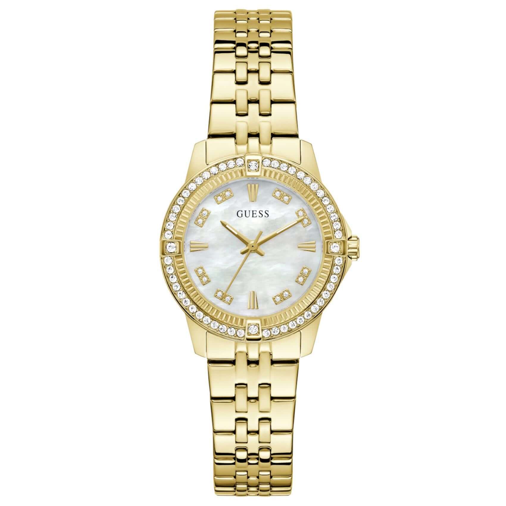 Γυναικείο ρολόι Guess Colette GW1027L2 με χρυσό μπρασελέ από ανακυκλωμένο ανοξείδωτο ατσάλι, λευκό φίλντισι καντράν διαμέτρου 32mm και στεφάνη διακοσμημένη με ζιργκόν.
