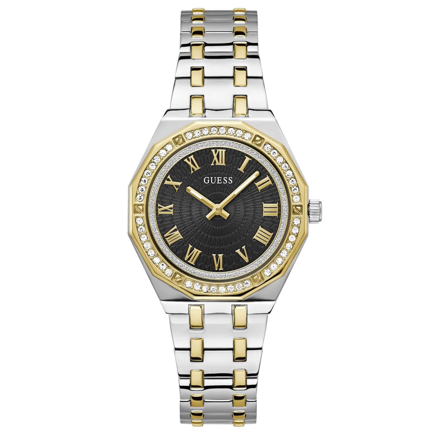 Γυναικείο ρολόι Guess Desire GW0770L4 με δίχρωμο μπρασελέ από ανακυκλωμένο ανοξείδωτο ατσάλι σε ασημί και χρυσό χρώμα, μαύρο καντράν διαμέτρου 38mm, χρυσές λεπτομέρειες και στεφάνη διακοσμημένη με ζιργκόν.