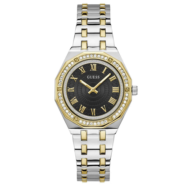 Γυναικείο ρολόι Guess Desire GW0770L4 με δίχρωμο μπρασελέ από ανακυκλωμένο ανοξείδωτο ατσάλι σε ασημί και χρυσό χρώμα, μαύρο καντράν διαμέτρου 38mm, χρυσές λεπτομέρειες και στεφάνη διακοσμημένη με ζιργκόν.