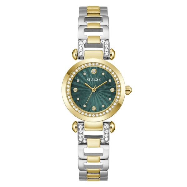 Γυναικείο ρολόι Guess Ginger GW0869L1 με δίχρωμο μπρασελέ από ανακυκλωμένο ανοξείδωτο ατσάλι σε ασημί και χρυσό χρώμα, πράσινο καντράν 30mm και στεφάνη με ζιργκόν.