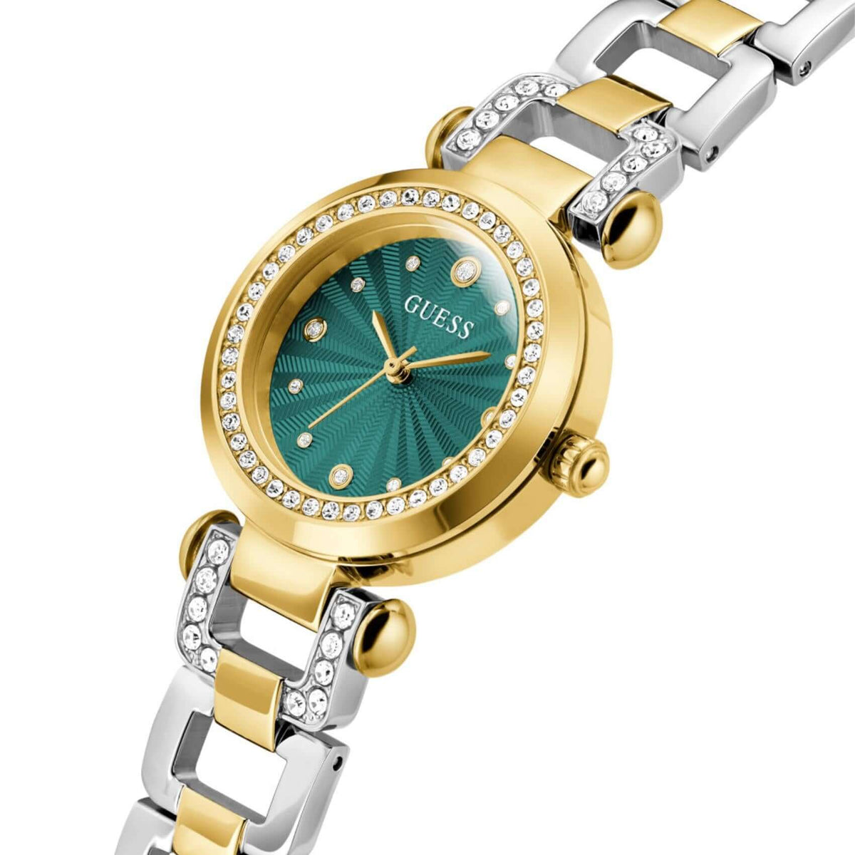 Πράσινο καντράν 30mm του γυναικείου ρολογιού Guess Ginger GW0869L1 με χρυσές λεπτομέρειες, ζιργκόν και ορυκτό κρύσταλλο ειδικής σκλήρυνσης.