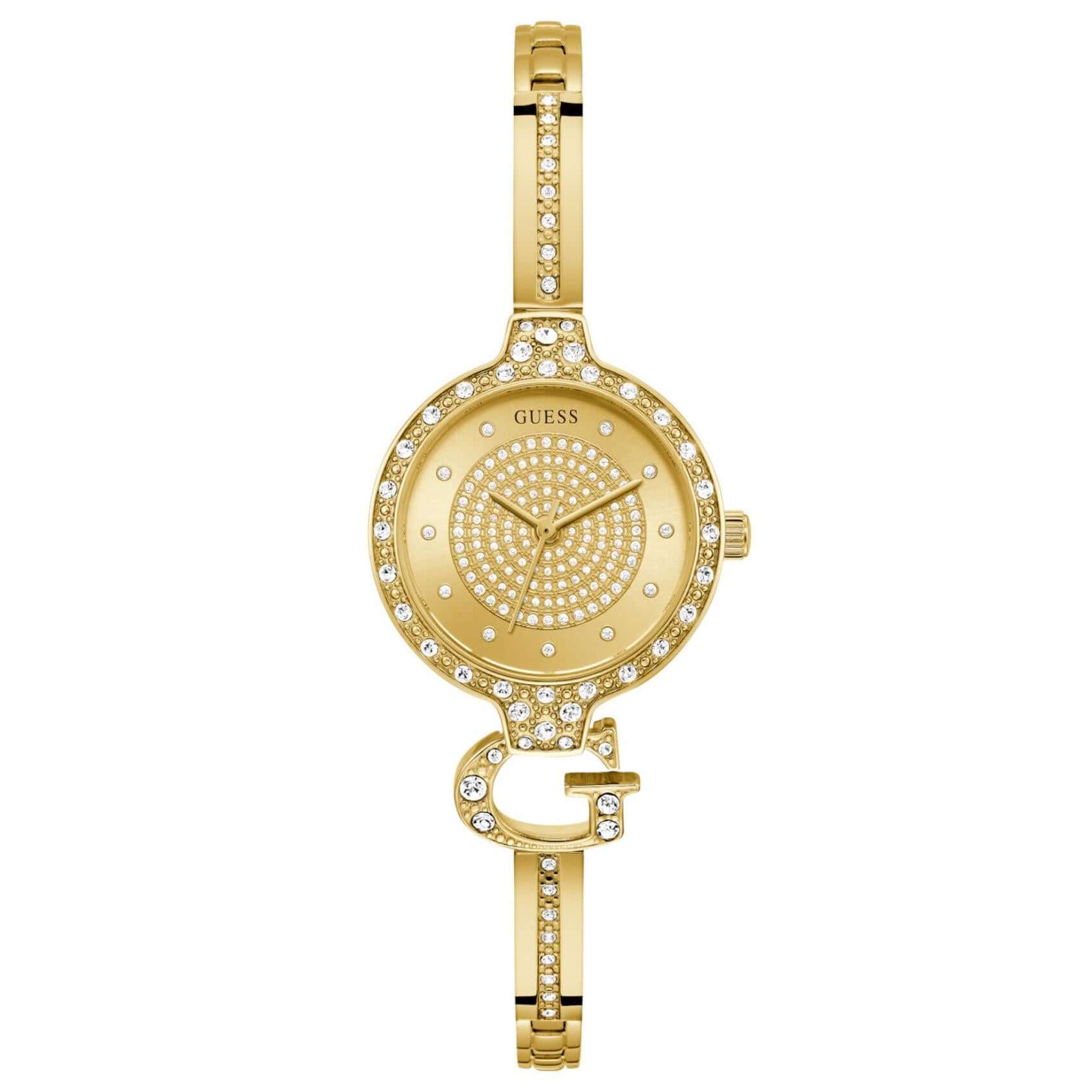Γυναικείο ρολόι Guess Giselle GW0929L2 με χρυσό μπρασελέ από ανακυκλωμένο ανοξείδωτο ατσάλι σε ιδιαίτερο σχέδιο βραχιολιού, χρυσό καντράν διαμέτρου 28mm και στεφάνη διακοσμημένη με ζιργκόν.