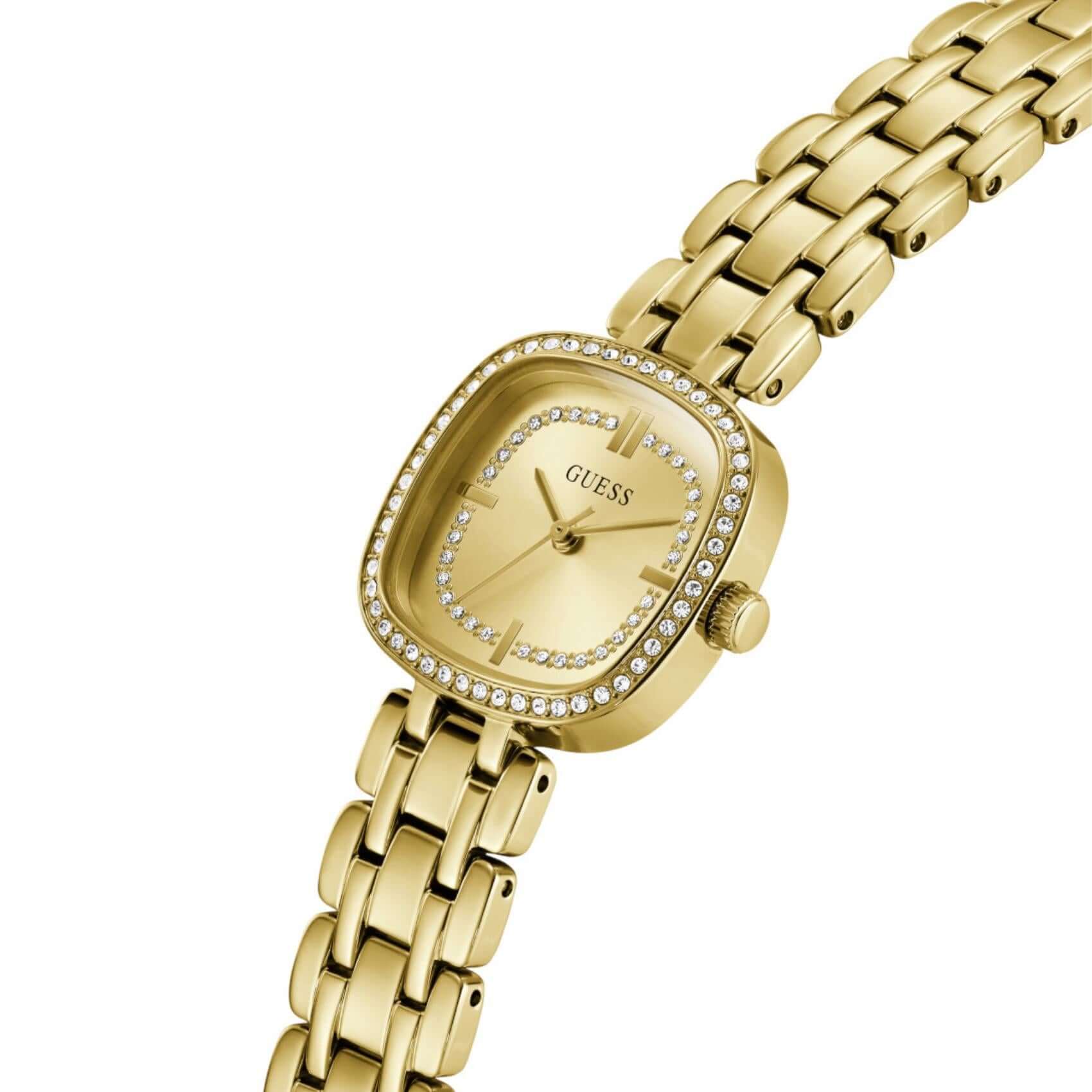 Καντράν 25mm του γυναικείου ρολογιού Guess Hazel GW1018L2 σε χρυσό χρώμα με ζιργκόν και ορυκτό κρύσταλλο ειδικής σκλήρυνσης.