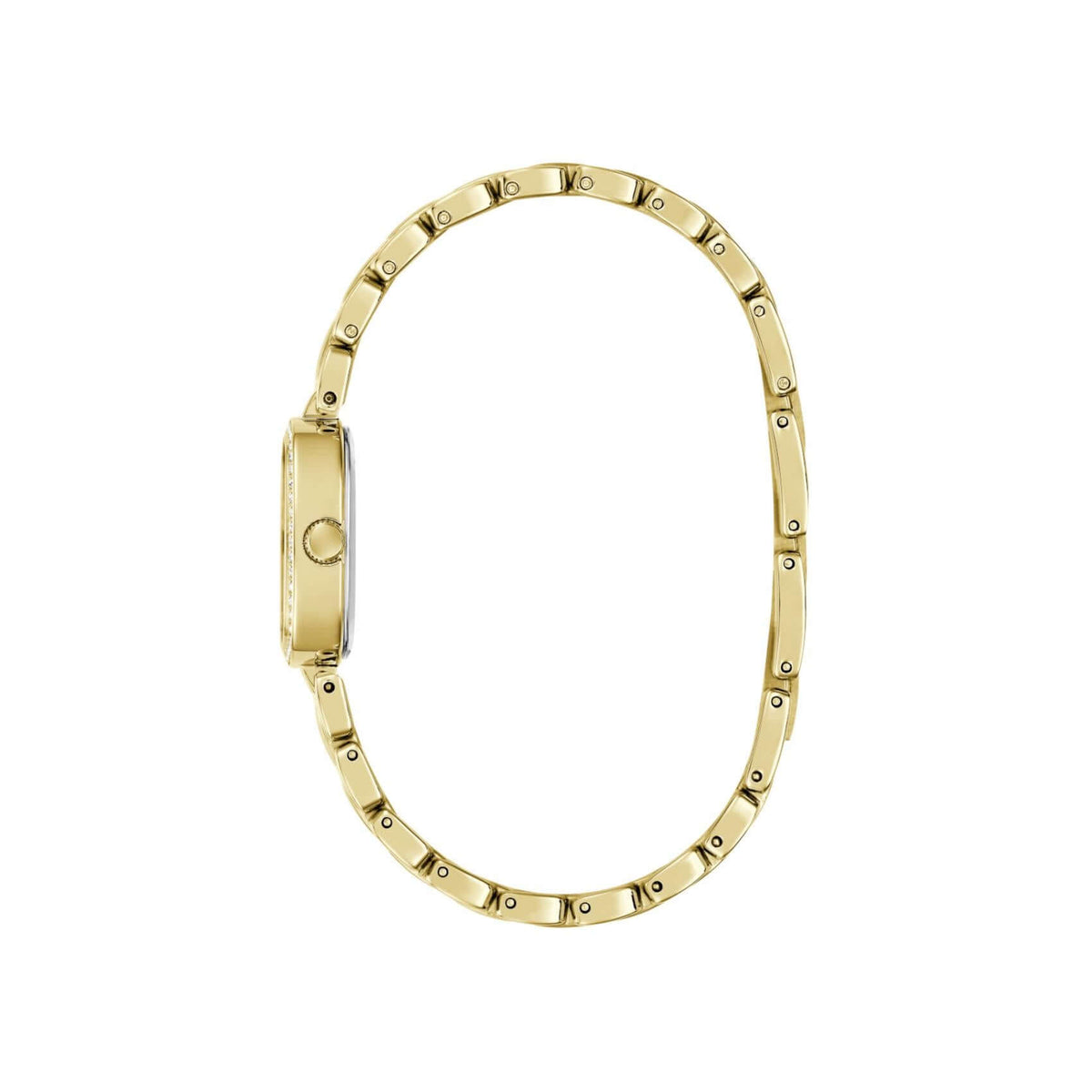 Χρυσό μπρασελέ του γυναικείου ρολογιού Guess Hazel GW1018L2 από ανακυκλωμένο ανοξείδωτο ατσάλι με κούμπωμα ασφαλείας.