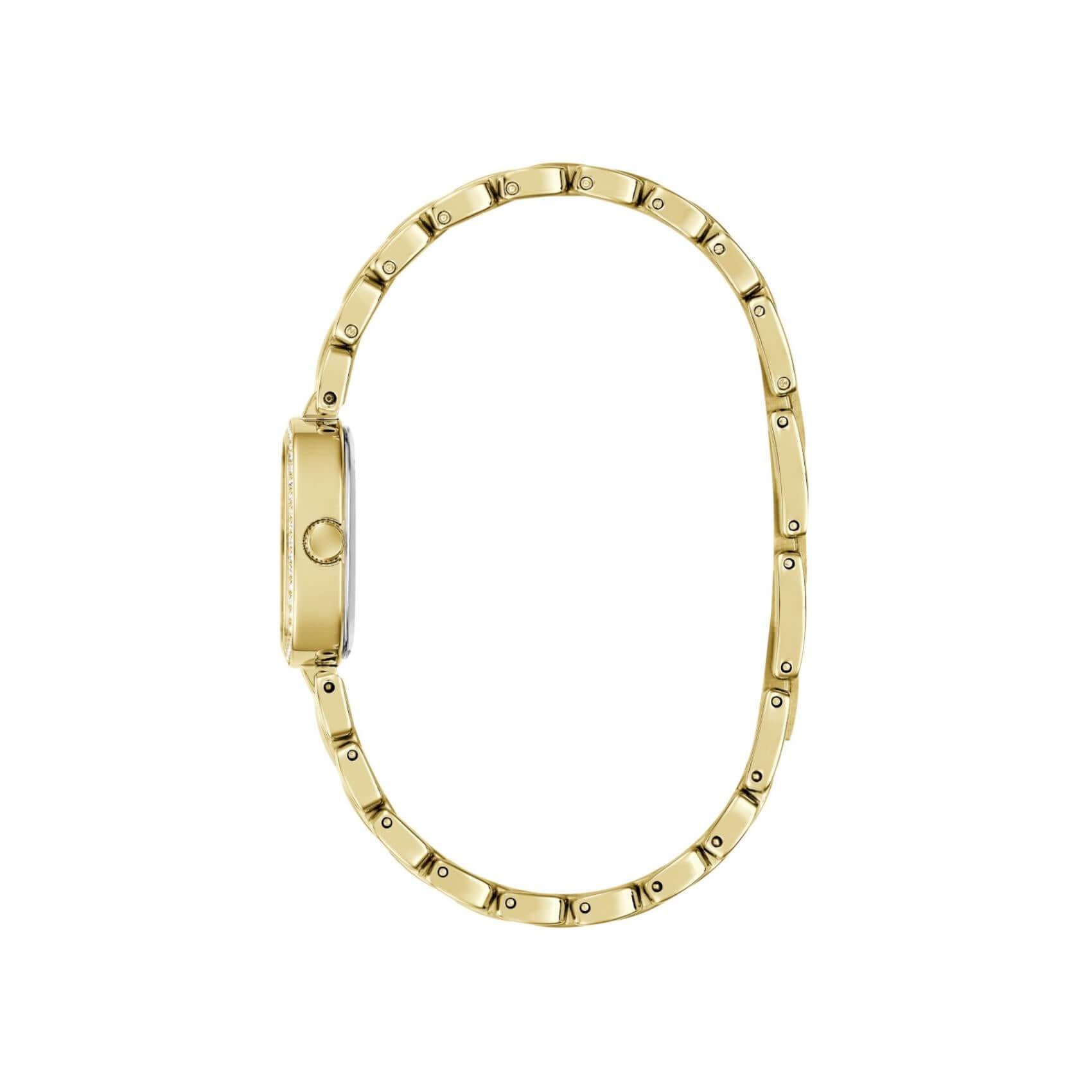 Χρυσό μπρασελέ του γυναικείου ρολογιού Guess Hazel GW1018L2 από ανακυκλωμένο ανοξείδωτο ατσάλι με κούμπωμα ασφαλείας.