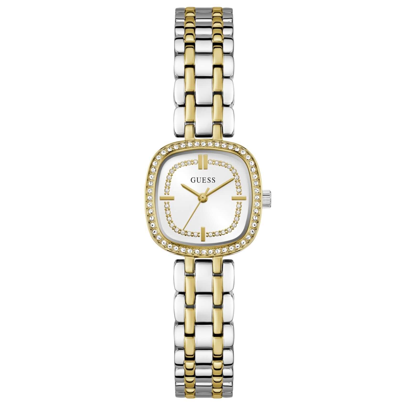Γυναικείο ρολόι Guess Hazel GW1018L3 με δίχρωμο μπρασελέ από ανακυκλωμένο ανοξείδωτο ατσάλι σε ασημί-χρυσό χρώμα, ασημί τετράγωνο καντράν 25mm και ζιργκόν.