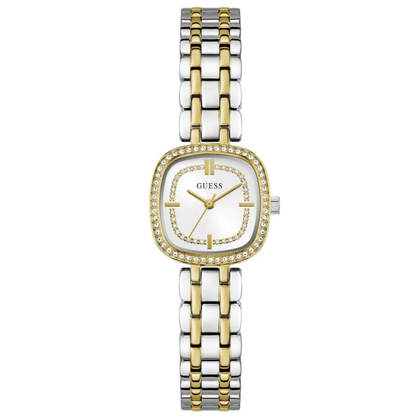 Γυναικείο ρολόι Guess Hazel GW1018L3 με δίχρωμο μπρασελέ από ανακυκλωμένο ανοξείδωτο ατσάλι σε ασημί-χρυσό χρώμα, ασημί τετράγωνο καντράν 25mm και ζιργκόν.