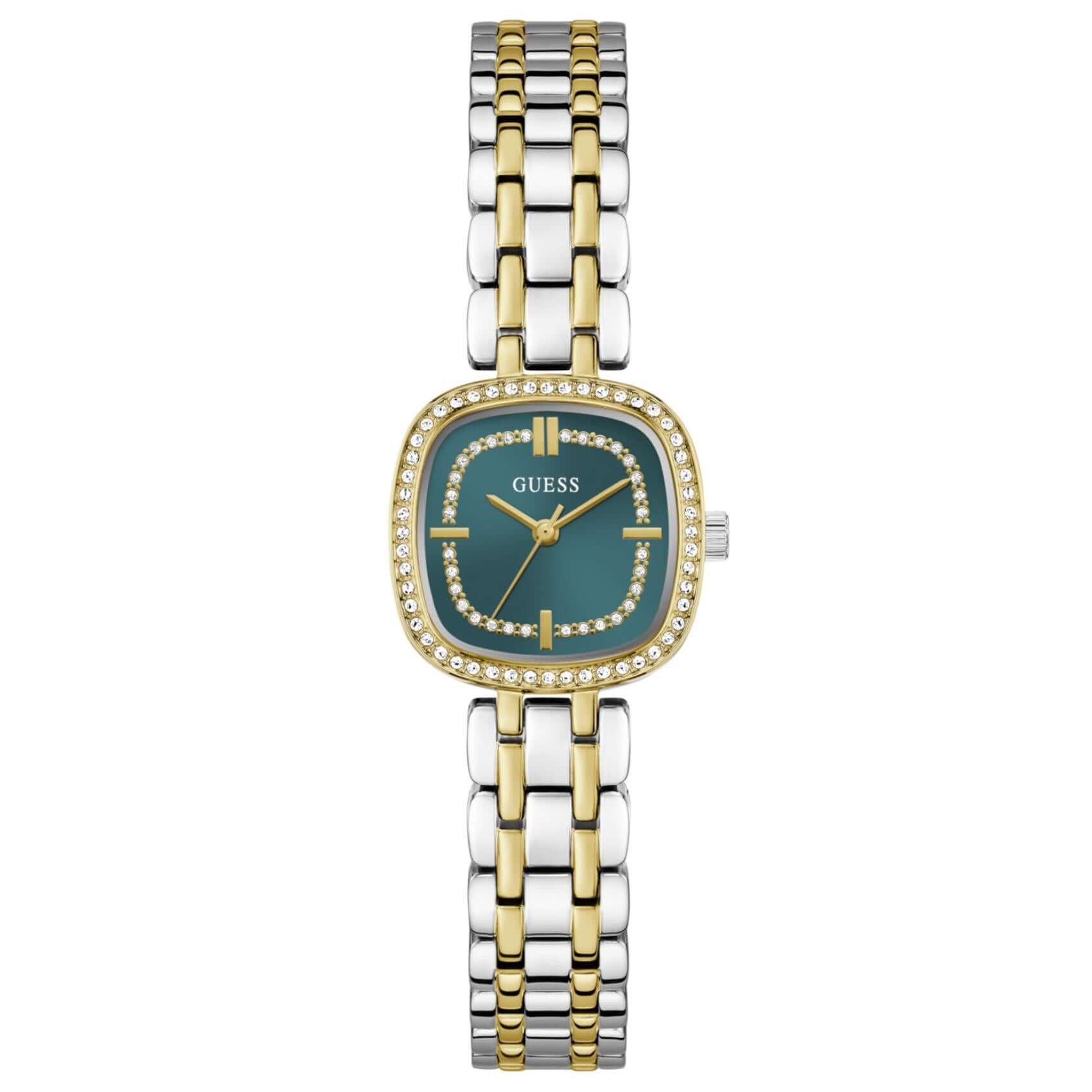 Γυναικείο ρολόι Guess Hazel GW1018L6 με δίχρωμο μπρασελέ από ανακυκλωμένο ανοξείδωτο ατσάλι σε ασημί-χρυσό χρώμα, πράσινο τετράγωνο καντράν 25mm και ζιργκόν.