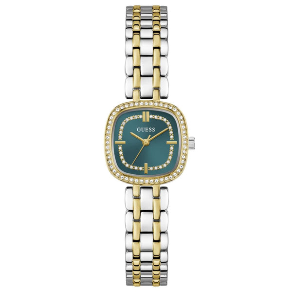 Γυναικείο ρολόι Guess Hazel GW1018L6 με δίχρωμο μπρασελέ από ανακυκλωμένο ανοξείδωτο ατσάλι σε ασημί-χρυσό χρώμα, πράσινο τετράγωνο καντράν 25mm και ζιργκόν.