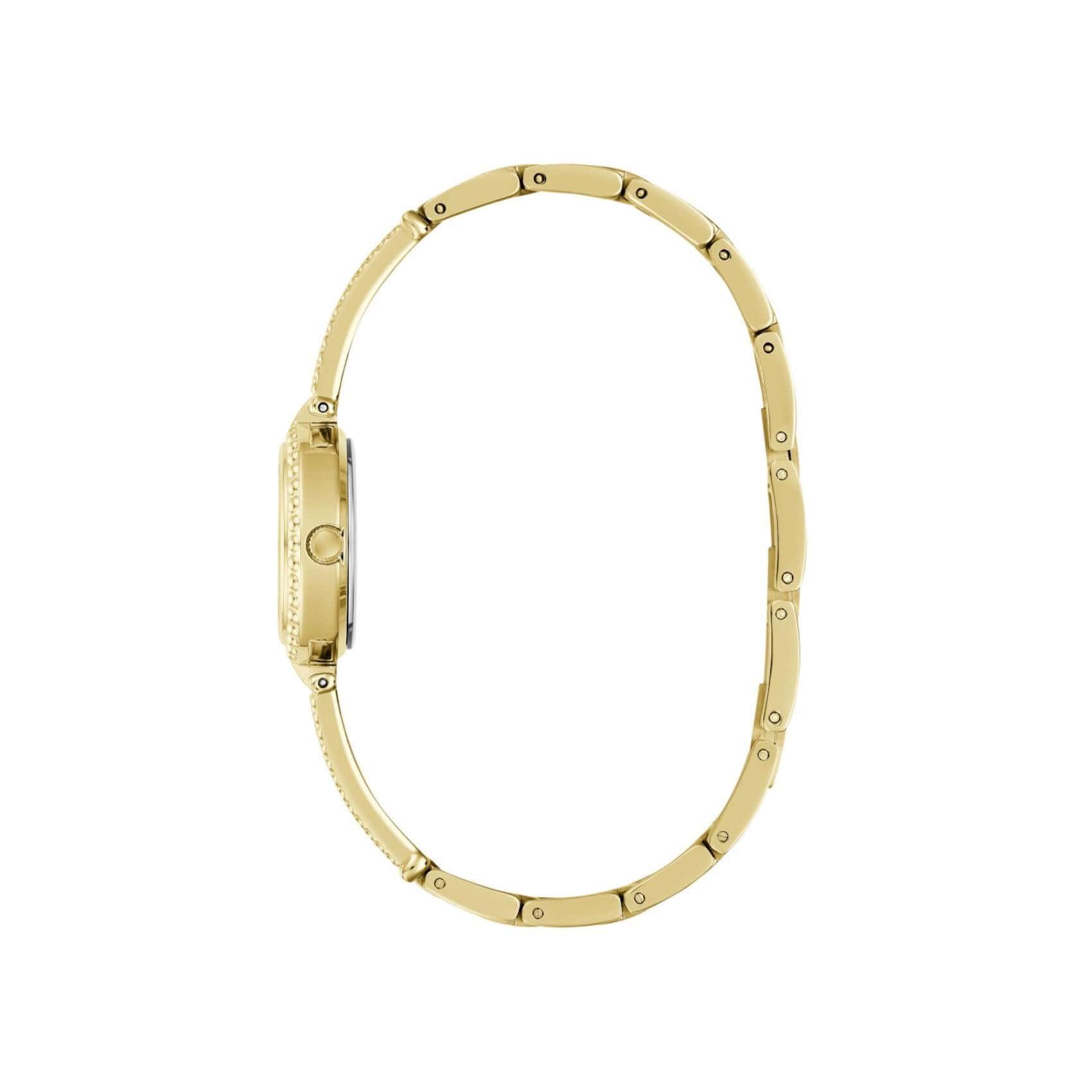 Χρυσό μπρασελέ του γυναικείου ρολογιού Guess Holly GW1017L2 από ανακυκλωμένο ανοξείδωτο ατσάλι με ανάγλυφη υφή και κούμπωμα ασφαλείας.