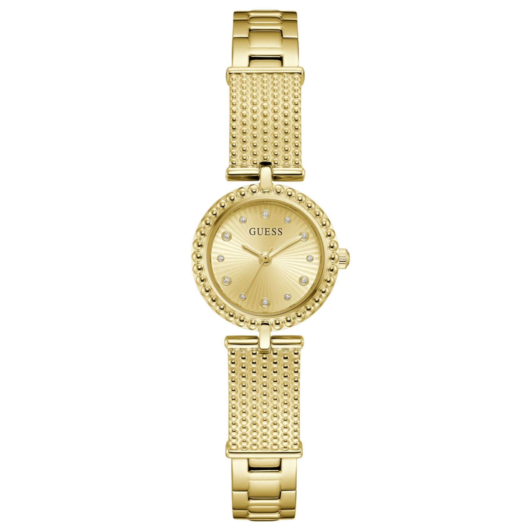 Γυναικείο ρολόι Guess Holly GW1017L2 με χρυσό μπρασελέ από ανακυκλωμένο ανοξείδωτο ατσάλι, χρυσό καντράν 24mm και ζιργκόν.