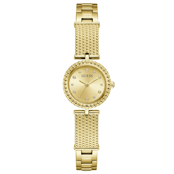 Γυναικείο ρολόι Guess Holly GW1017L2 με χρυσό μπρασελέ από ανακυκλωμένο ανοξείδωτο ατσάλι, χρυσό καντράν 24mm και ζιργκόν.