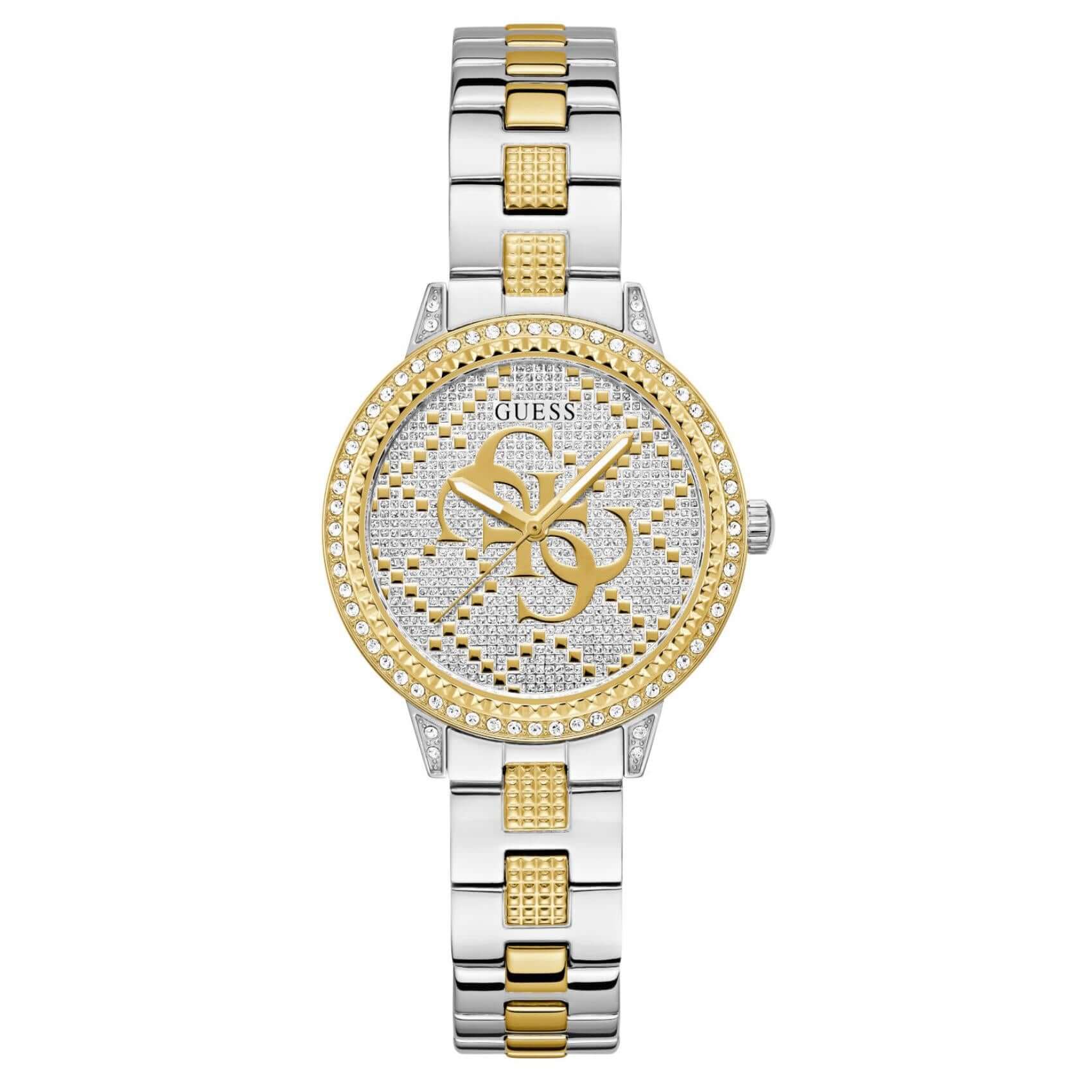Γυναικείο ρολόι Guess G Lace GW0944L3 με δίχρωμο μπρασελέ από ανακυκλωμένο ανοξείδωτο ατσάλι σε ασημί και χρυσό χρώμα, ασημί καντράν διαμέτρου 34mm με χρυσές λεπτομέρειες και στεφάνη διακοσμημένη με ζιργκόν.