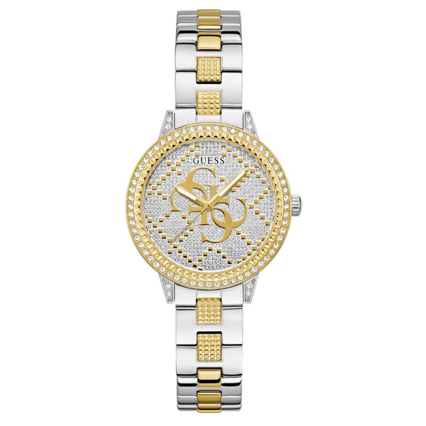 Γυναικείο ρολόι Guess G Lace GW0944L3 με δίχρωμο μπρασελέ από ανακυκλωμένο ανοξείδωτο ατσάλι σε ασημί και χρυσό χρώμα, ασημί καντράν διαμέτρου 34mm με χρυσές λεπτομέρειες και στεφάνη διακοσμημένη με ζιργκόν.
