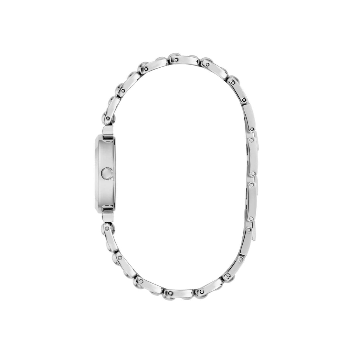 Ασημί μπρασελέ του γυναικείου ρολογιού Guess Leena GW0994L1 από ανακυκλωμένο ανοξείδωτο ατσάλι με κούμπωμα ασφαλείας.