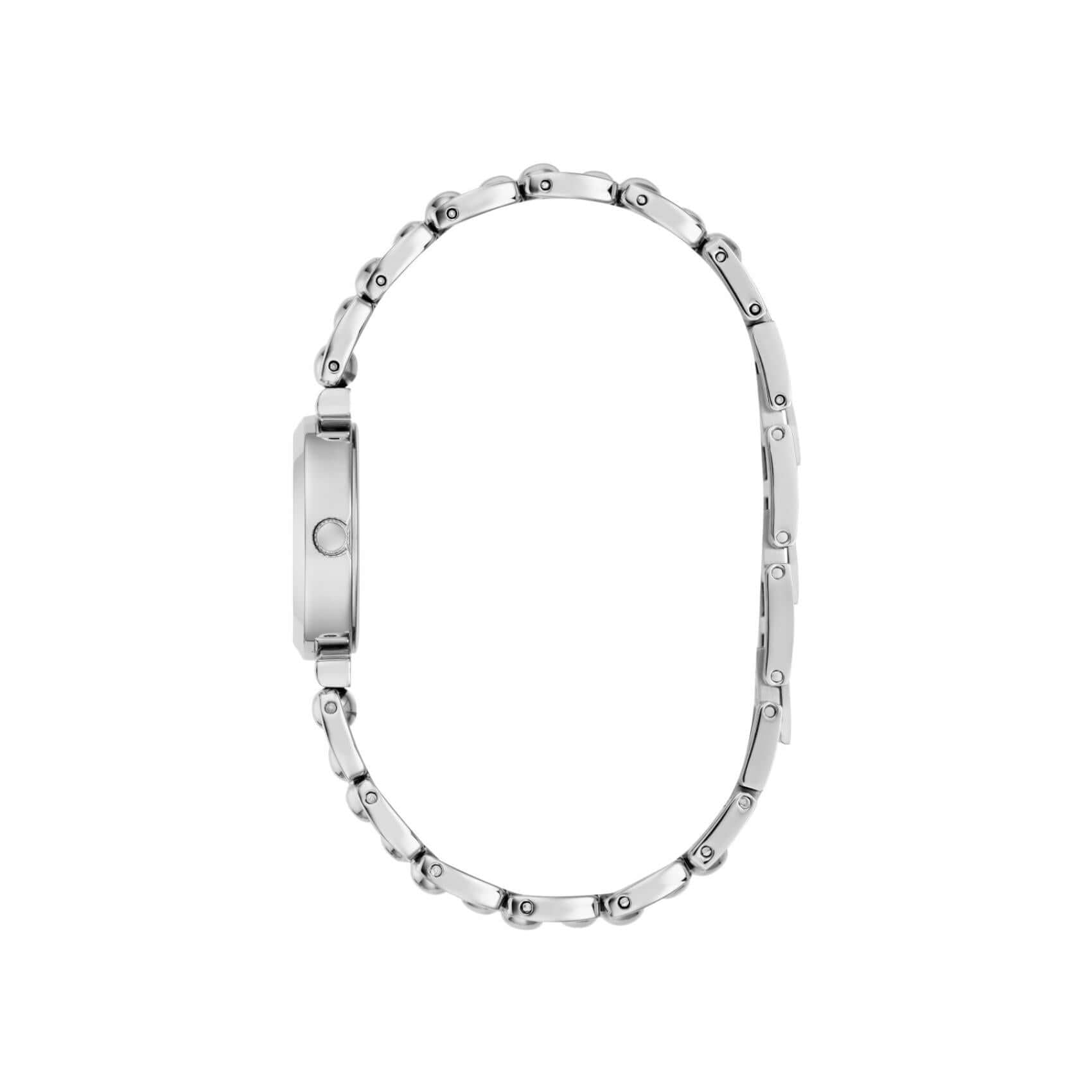 Ασημί μπρασελέ του γυναικείου ρολογιού Guess Leena GW0994L1 από ανακυκλωμένο ανοξείδωτο ατσάλι με κούμπωμα ασφαλείας.