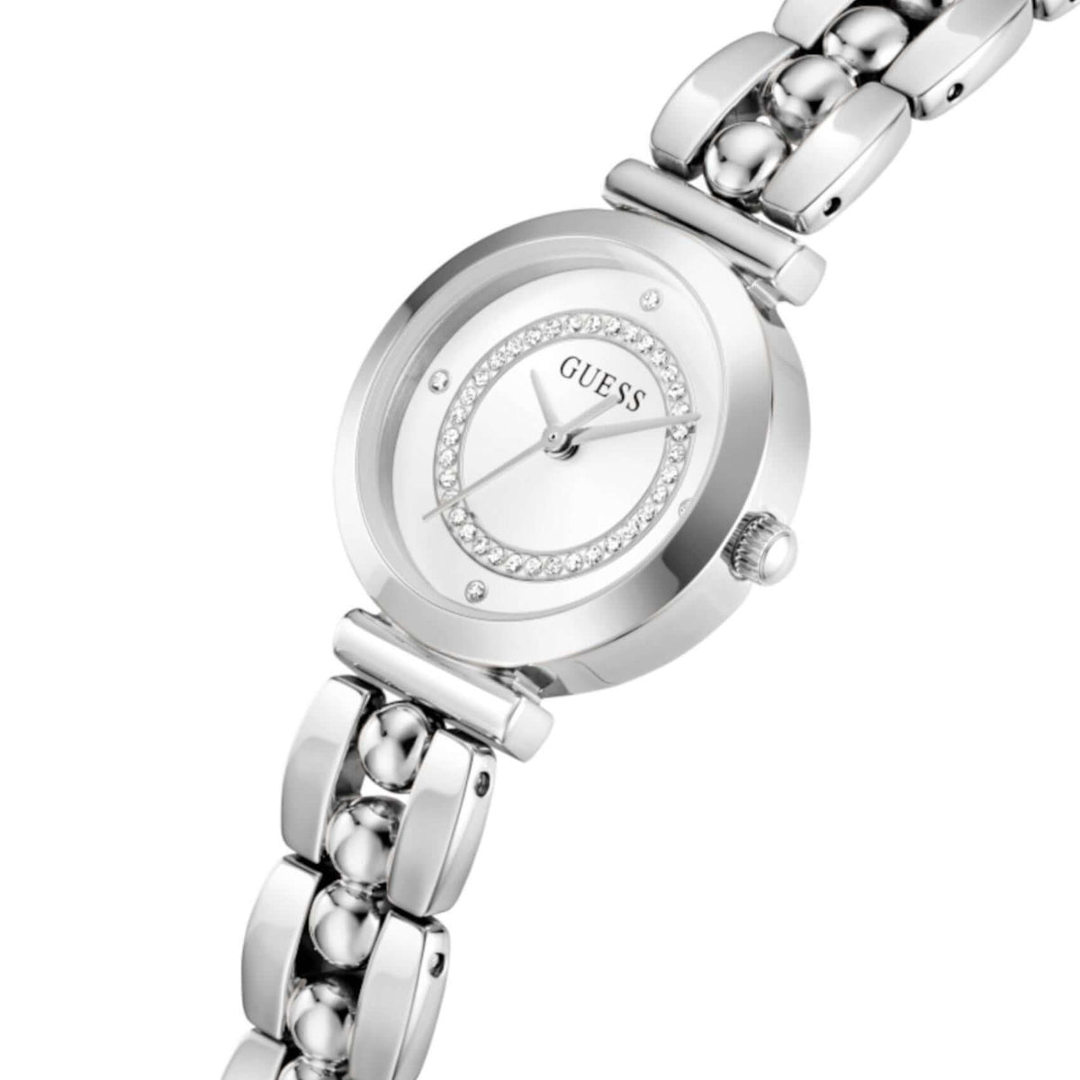 Λευκό καντράν 26mm του γυναικείου ρολογιού Guess Leena GW0994L1 με ορυκτό κρύσταλλο ειδικής σκλήρυνσης.