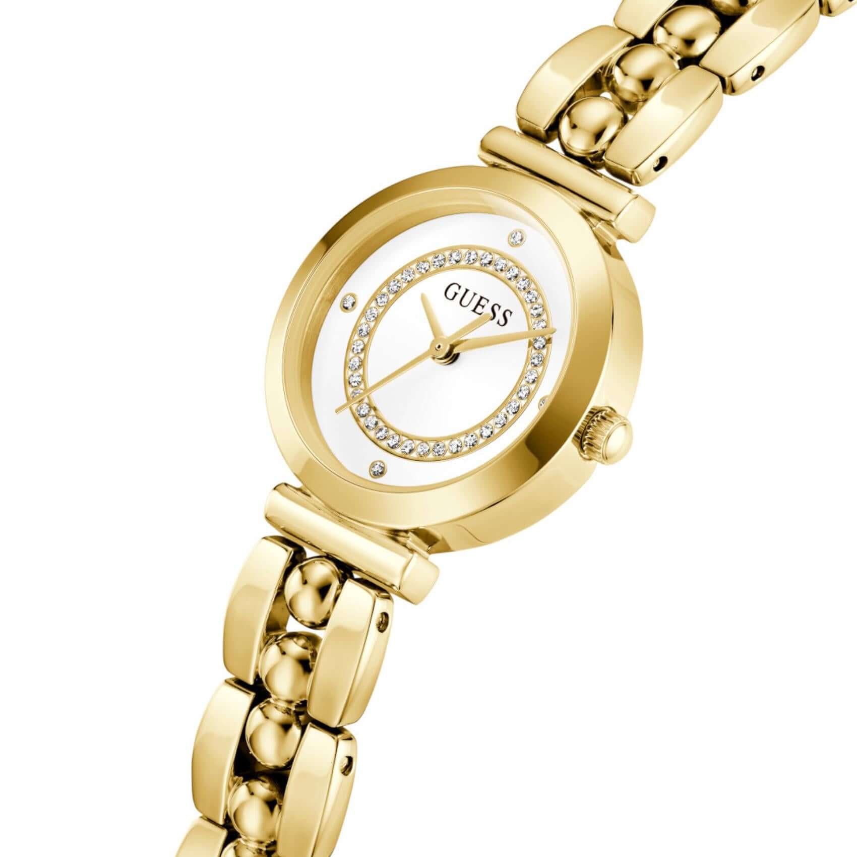 Λευκό καντράν 26mm του γυναικείου ρολογιού Guess Leena GW0994L2 με ορυκτό κρύσταλλο ειδικής σκλήρυνσης.