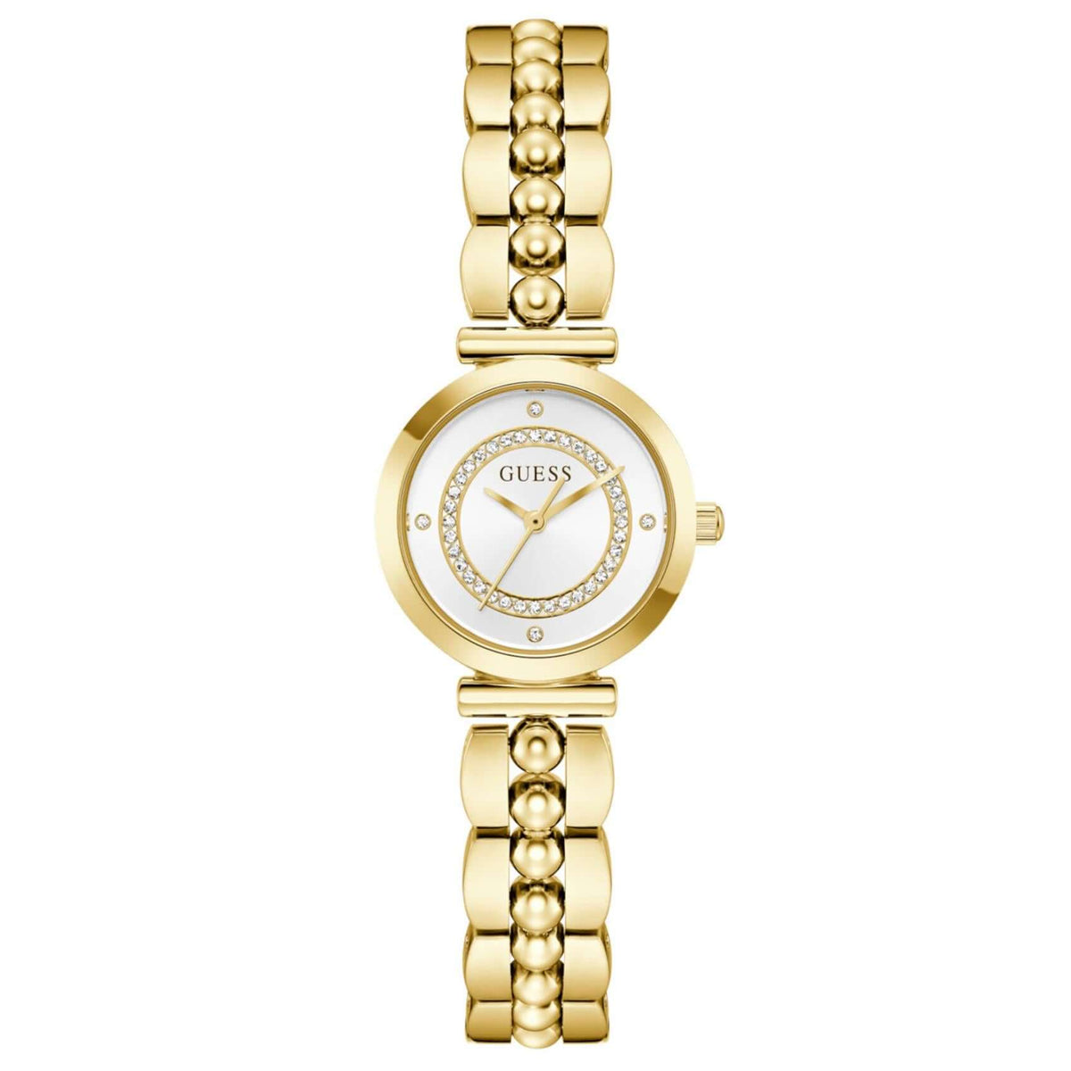 Γυναικείο ρολόι Guess Leena GW0994L2 με χρυσό μπρασελέ από ανακυκλωμένο ανοξείδωτο ατσάλι και λευκό καντράν 26mm.