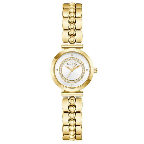Γυναικείο ρολόι Guess Leena GW0994L2 με χρυσό μπρασελέ από ανακυκλωμένο ανοξείδωτο ατσάλι και λευκό καντράν 26mm.