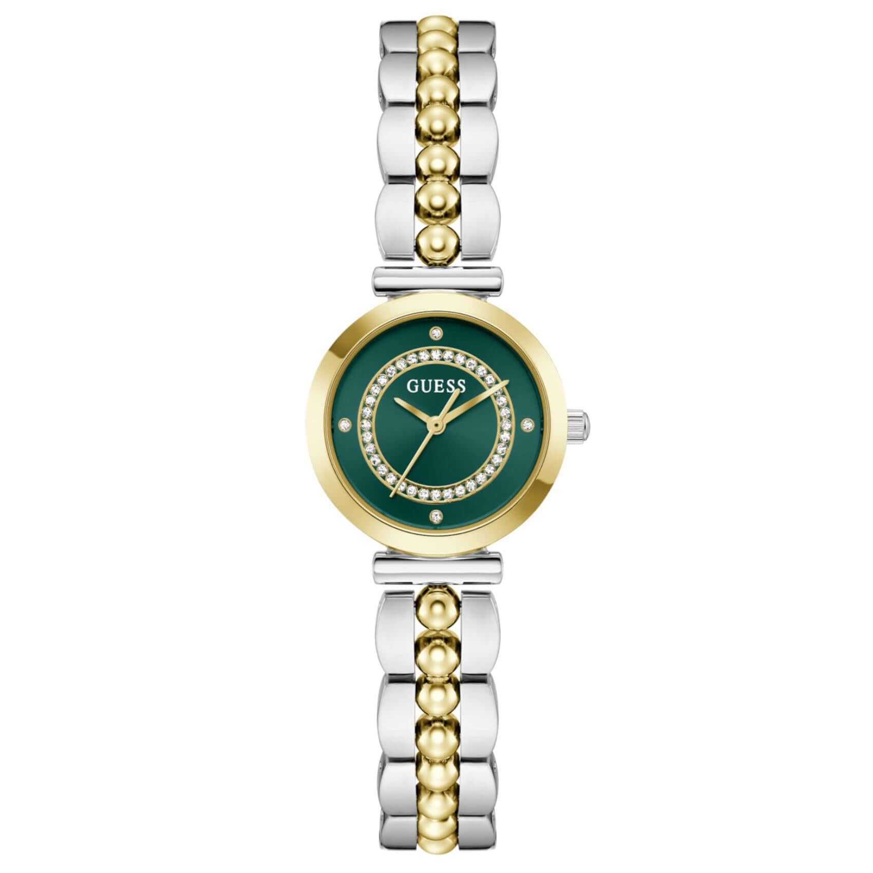 Γυναικείο ρολόι Guess Leena GW0994L3 με δίχρωμο μπρασελέ από ανακυκλωμένο ανοξείδωτο ατσάλι σε ασημί και χρυσό χρώμα, πράσινο καντράν 26mm και ζιργκόν.