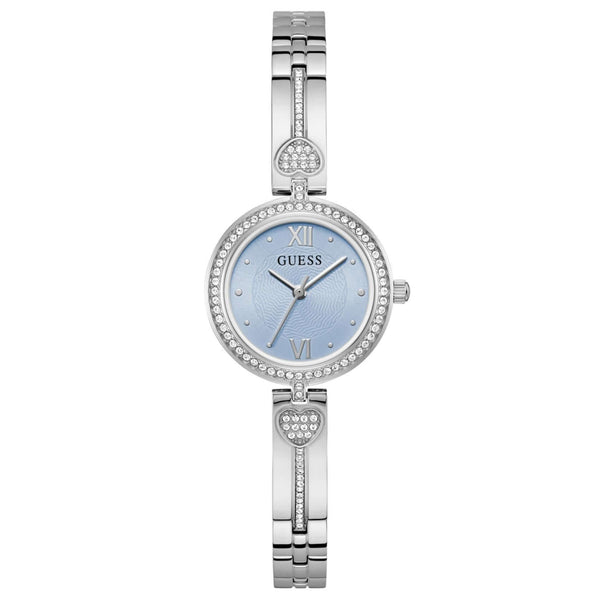 Γυναικείο ρολόι Guess Lovey GW0655L4 με ασημί μπρασελέ από ανακυκλωμένο ανοξείδωτο ατσάλι, γαλάζιο καντράν 27mm και ζιργκόν.
