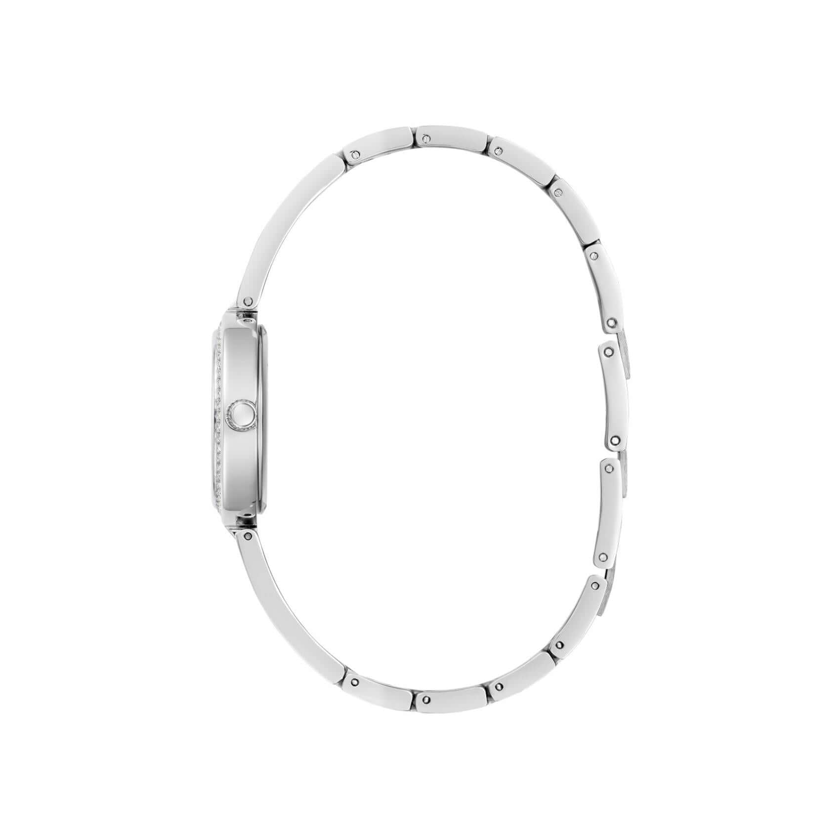 Ασημί μπρασελέ του γυναικείου ρολογιού Guess Lovey GW0655L4 από ανακυκλωμένο ανοξείδωτο ατσάλι με ζιργκόν και κούμπωμα ασφαλείας.