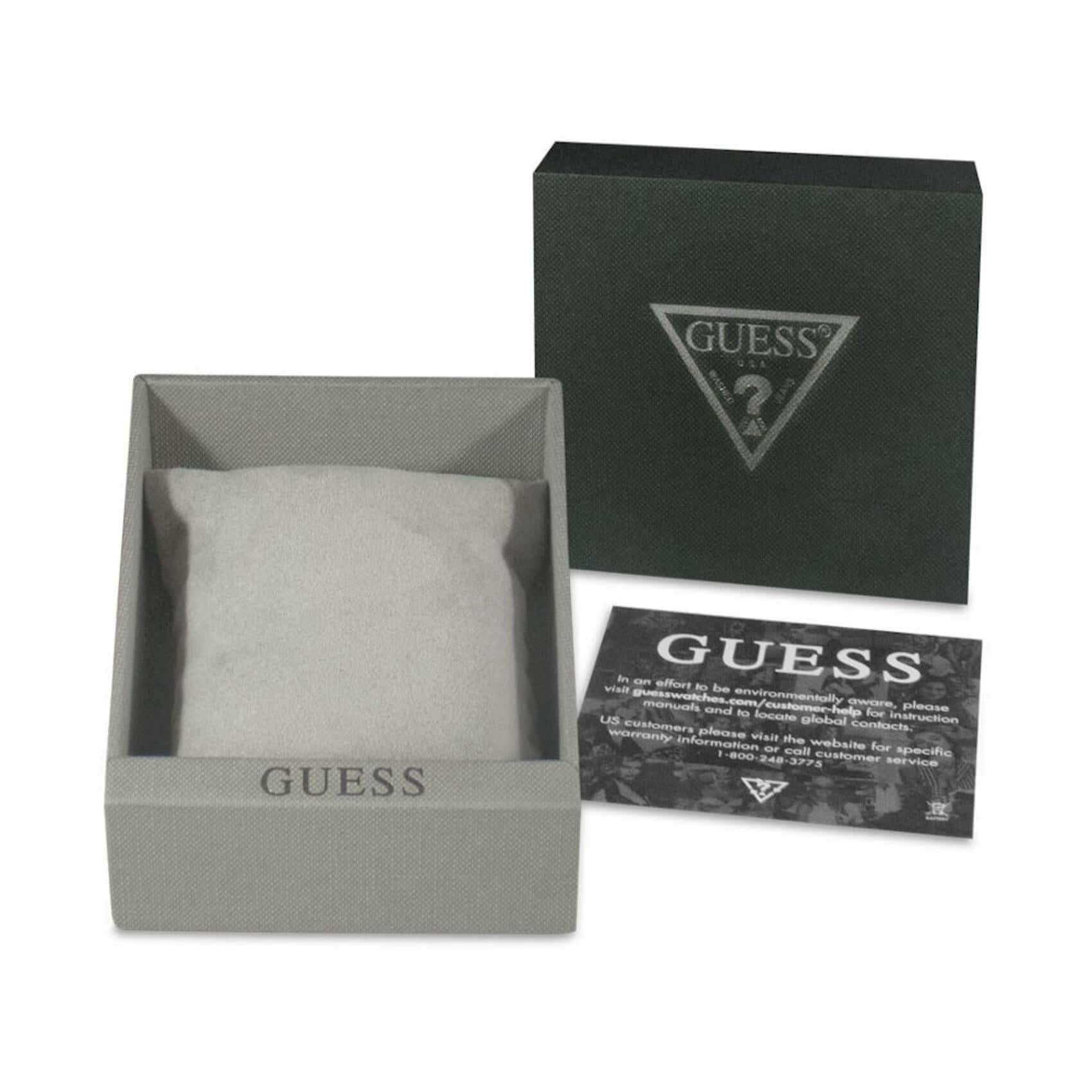 Γυναικείο ρολόι Guess Lovey GW0655L5 σε συσκευασία δώρου με χρυσό μπρασελέ, ροζ καντράν και ζιργκόν.