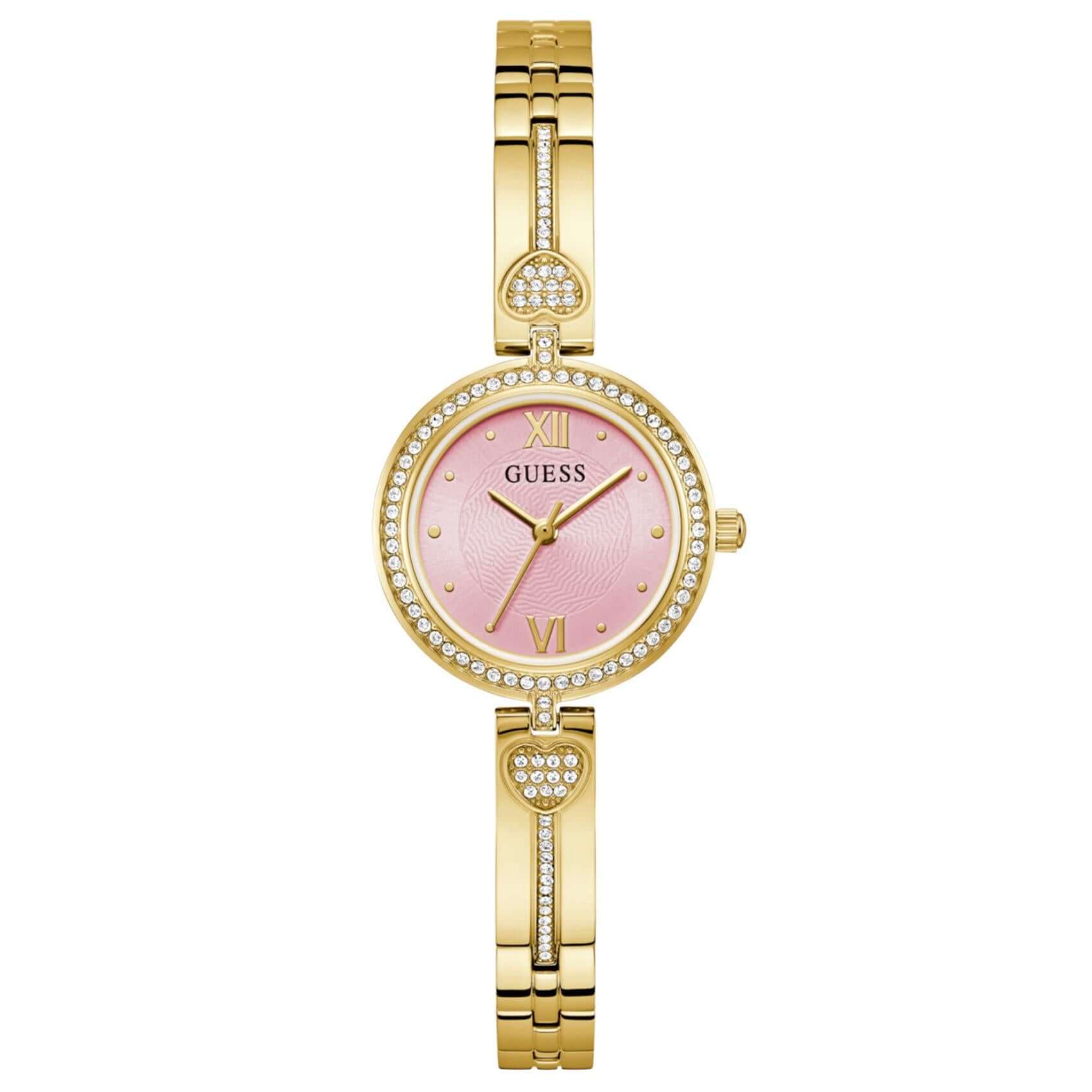 Γυναικείο ρολόι Guess Lovey GW0655L5 με χρυσό μπρασελέ από ανακυκλωμένο ανοξείδωτο ατσάλι, ροζ καντράν 27mm και ζιργκόν.
