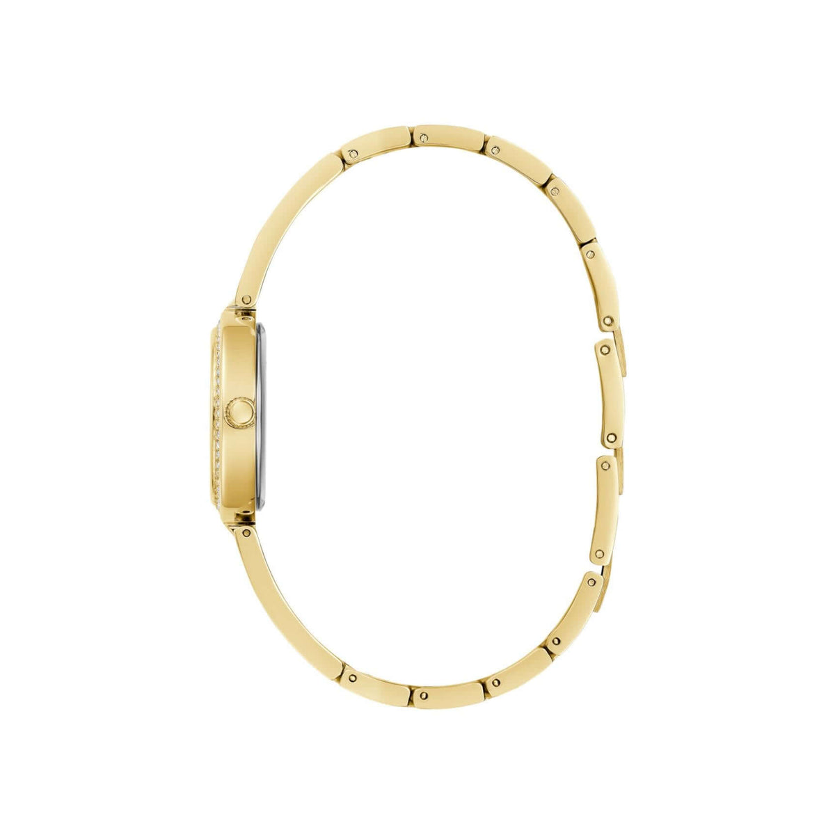 Χρυσό μπρασελέ του γυναικείου ρολογιού Guess Lovey GW0655L5 από ανακυκλωμένο ανοξείδωτο ατσάλι με ζιργκόν και κούμπωμα ασφαλείας.