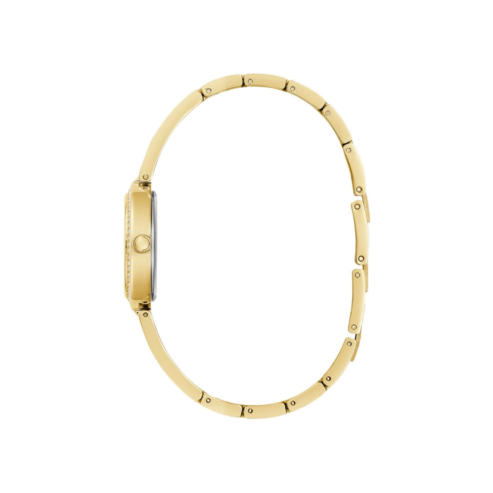 Χρυσό μπρασελέ του γυναικείου ρολογιού Guess Lovey GW0655L5 από ανακυκλωμένο ανοξείδωτο ατσάλι με ζιργκόν και κούμπωμα ασφαλείας.