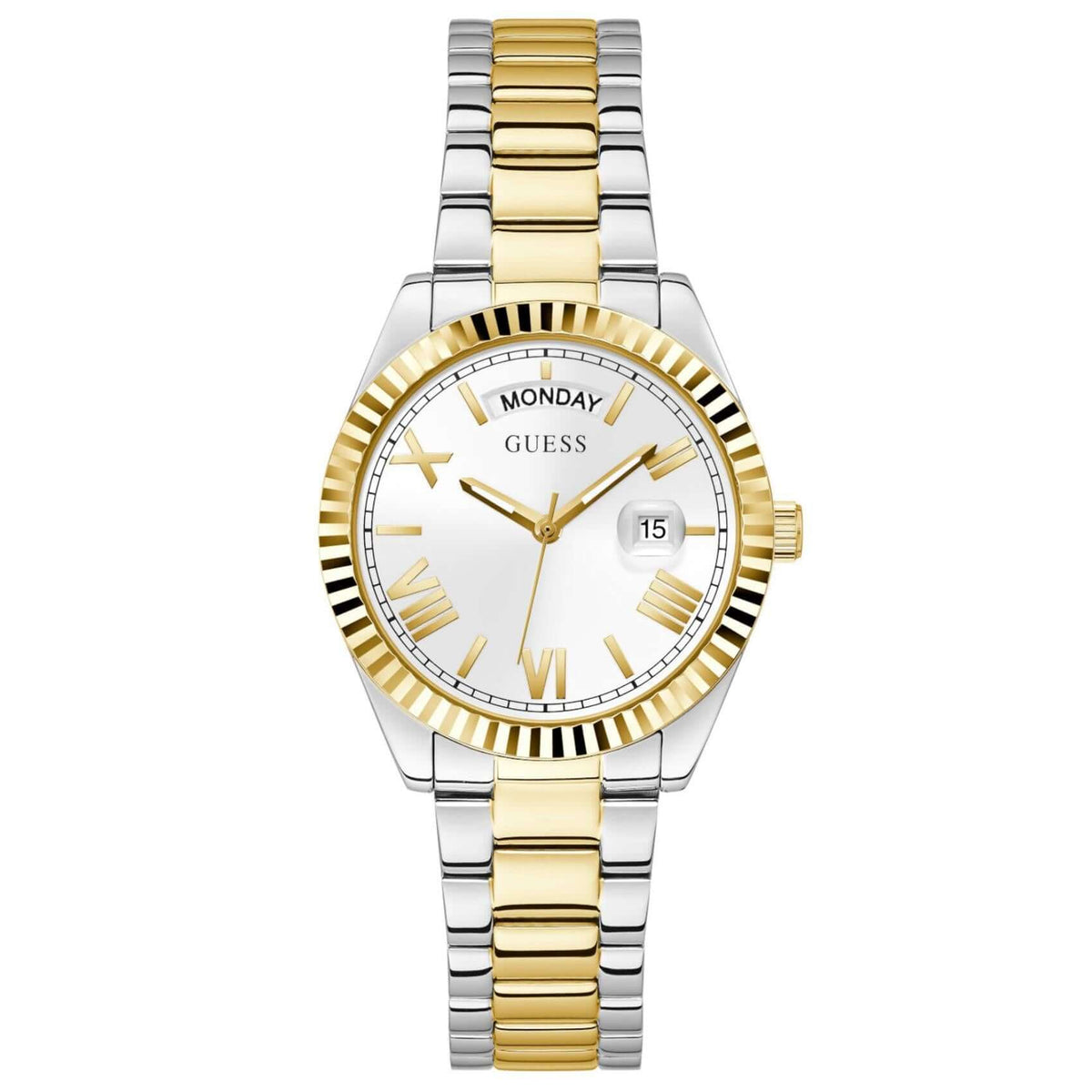 υναικείο ρολόι Guess Luna GW0308L6 με δίχρωμο μπρασελέ από ανακυκλωμένο ανοξείδωτο ατσάλι σε ασημί και χρυσό χρώμα, ασημί καντράν 36mm και ενδείξεις ημέρας και ημερομηνίας.