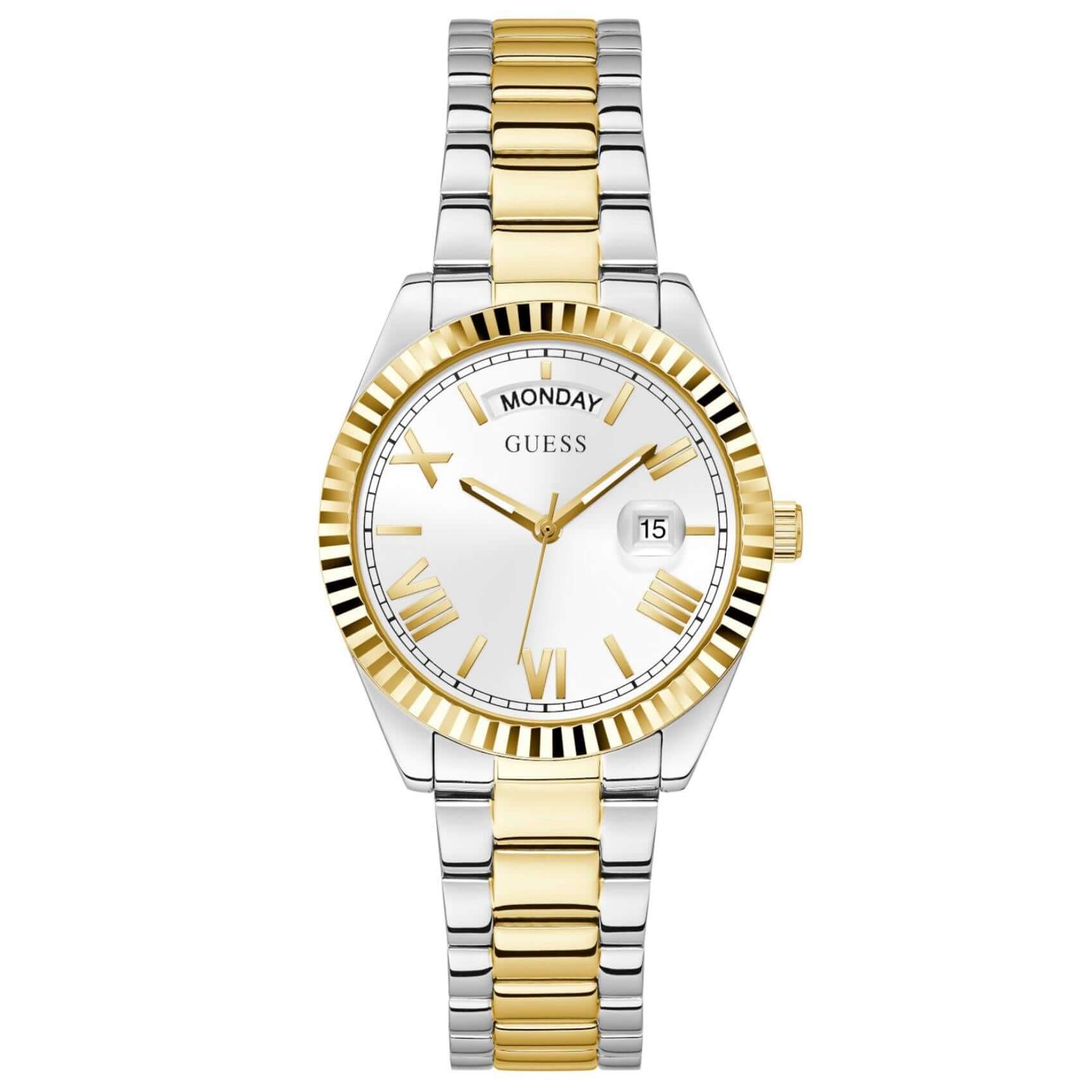 υναικείο ρολόι Guess Luna GW0308L6 με δίχρωμο μπρασελέ από ανακυκλωμένο ανοξείδωτο ατσάλι σε ασημί και χρυσό χρώμα, ασημί καντράν 36mm και ενδείξεις ημέρας και ημερομηνίας.